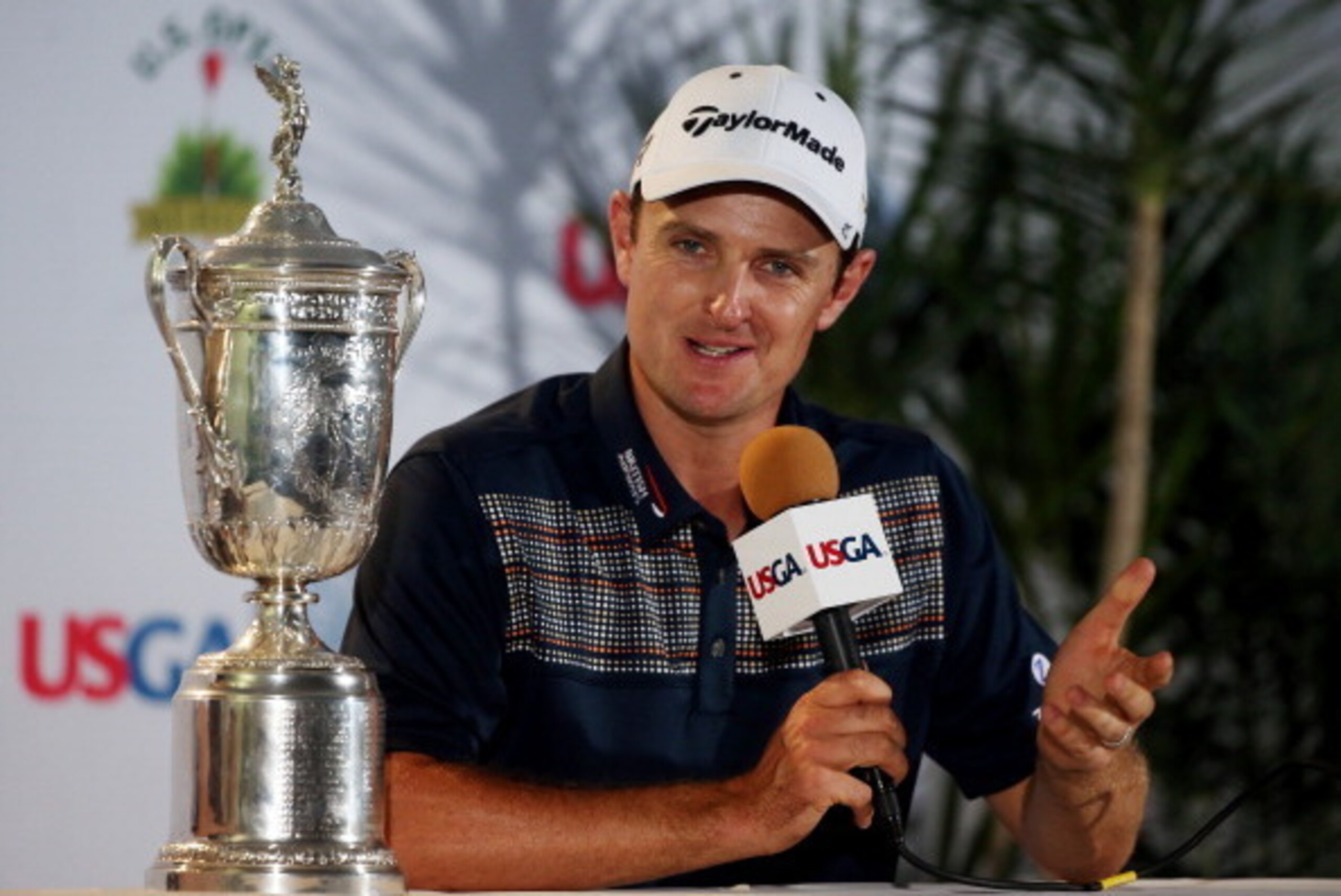 ARDMORE, PA - JUNE 16:  Justin Rose of England addresses the media with the U.S. Open trophy after winning the 113th U.S. Open at Merion Golf Club on June 16, 2013 in Ardmore, Pennsylvania.  (Photo by Andrew Redington/Getty Images)