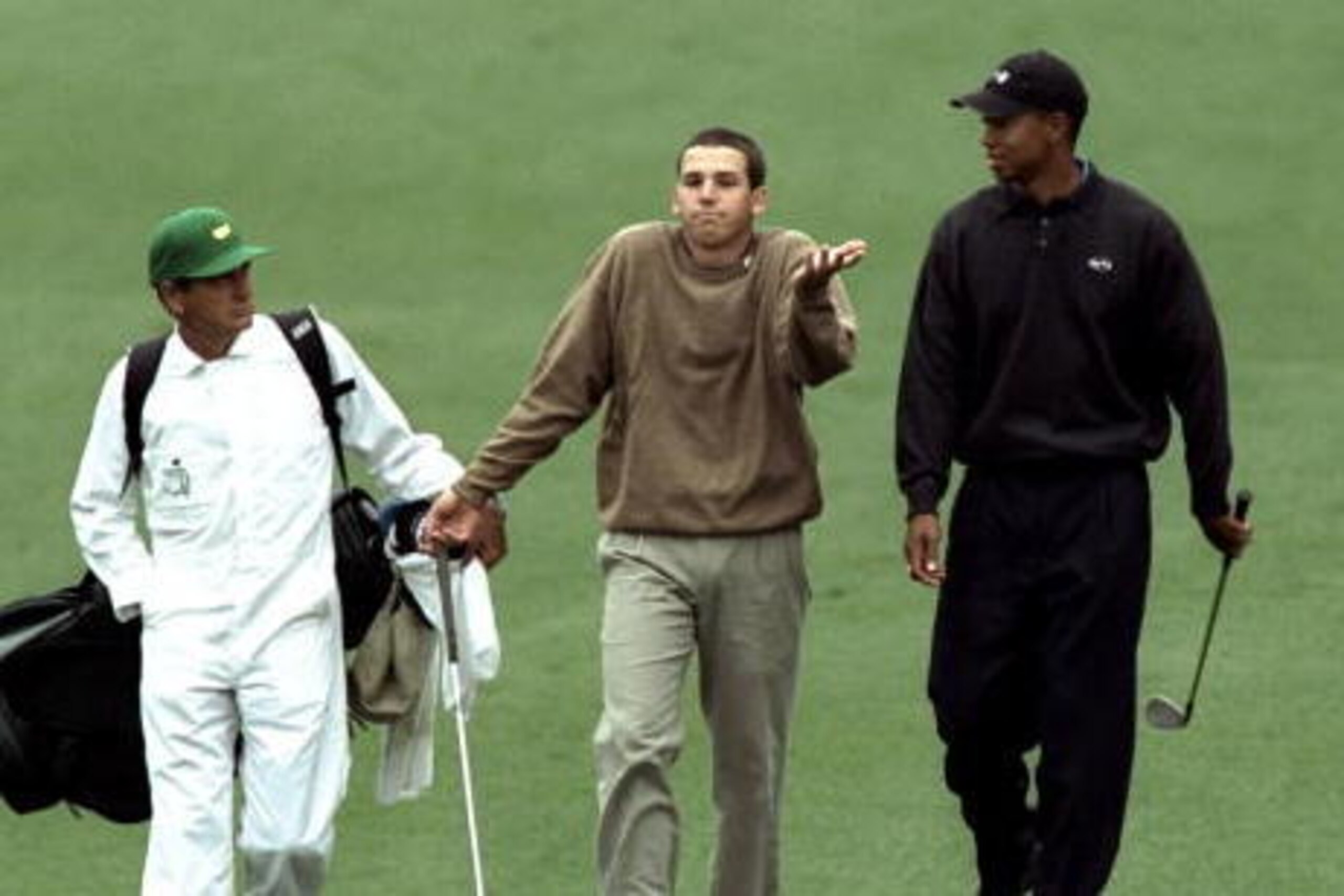 6 Apr 1999:  Sergio Garcia of Spain walks up the second fairway with Tiger Woods of the USA during the 1999 US Masters at the Augusta National GC in Augusta, Georgia, USA.  \ Mandatory Credit: David Cannon /Allsport