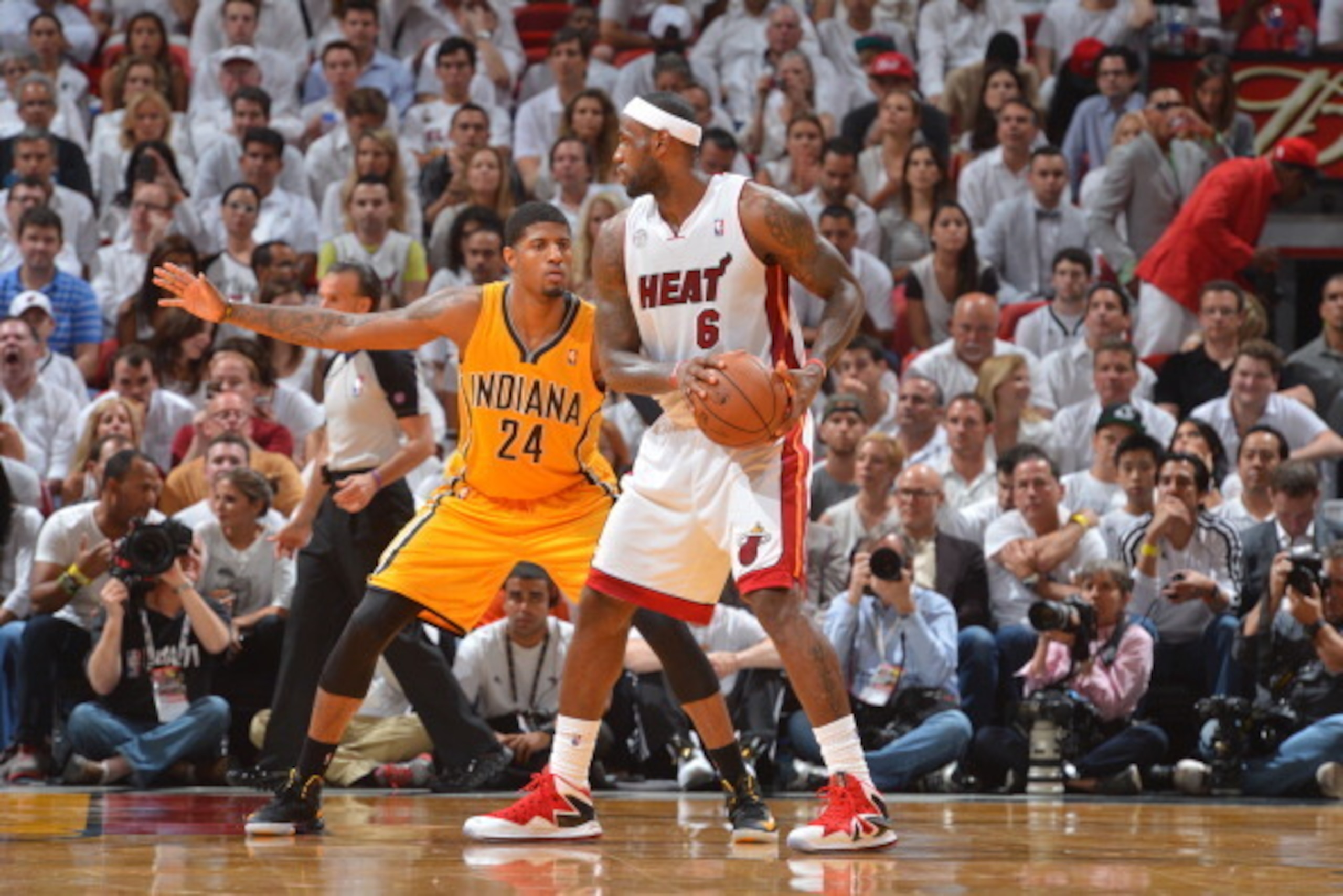 MIAMI, FL - JUNE 3:  Paul George #24 of the Indiana Pacers defends LeBron James #6 of the Miami Heat in Game Seven of the Eastern Conference Finals during the 2013 NBA Playoffs on June 3, 2013 at American Airlines Arena in Miami, Florida. NOTE TO USER: Us