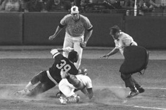 Dave Parker scores past Carlton Fisk in the 1977 All-Star Game.