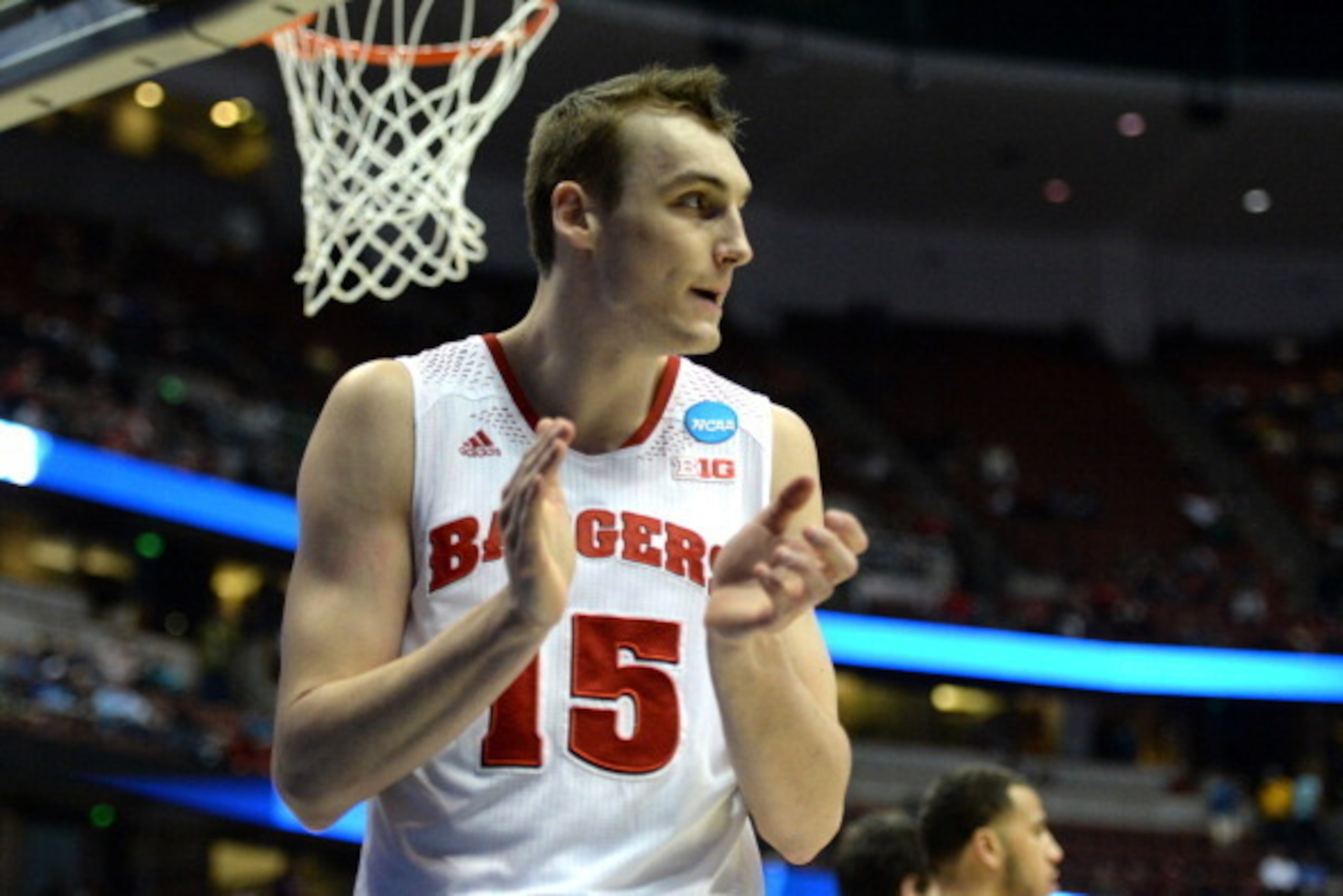 ANAHEIM, CA - MARCH 27:  Sam Dekker #15 of the Wisconsin Badgers reacts in the first half while taking on the Baylor Bears during the regional semifinal of the 2014 NCAA Men's Basketball Tournament at the Honda Center on March 27, 2014 in Anaheim, Califor