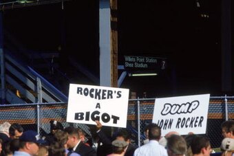 29 Jun 2000:  A view of an anti-John Rocker #49 of the Atlanta Braves protest at the #7 train station before the game against the New York Mets at Shea Stadium in Flushing, New York.  The Braves defeated the Mets 6-4.Mandatory Credit: Ezra O. Shaw  /Allsp