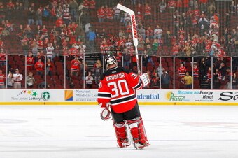 NEWARK, NJ - MARCH 23:  Martin Brodeur #30 of the New Jersey Devils salutes the fans after he was named one of the stars of a game against the Florida Panthers at the Prudential Center on March 23, 2013 in Newark, New Jersey.  (Photo by Jim McIsaac/Getty