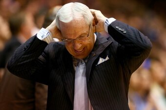 DURHAM, NC - MARCH 08:  Head coach Roy Williams of the North Carolina Tar Heels reacts after a call during their game against the Duke Blue Devils at Cameron Indoor Stadium on March 8, 2014 in Durham, North Carolina.  (Photo by Streeter Lecka/Getty Images
