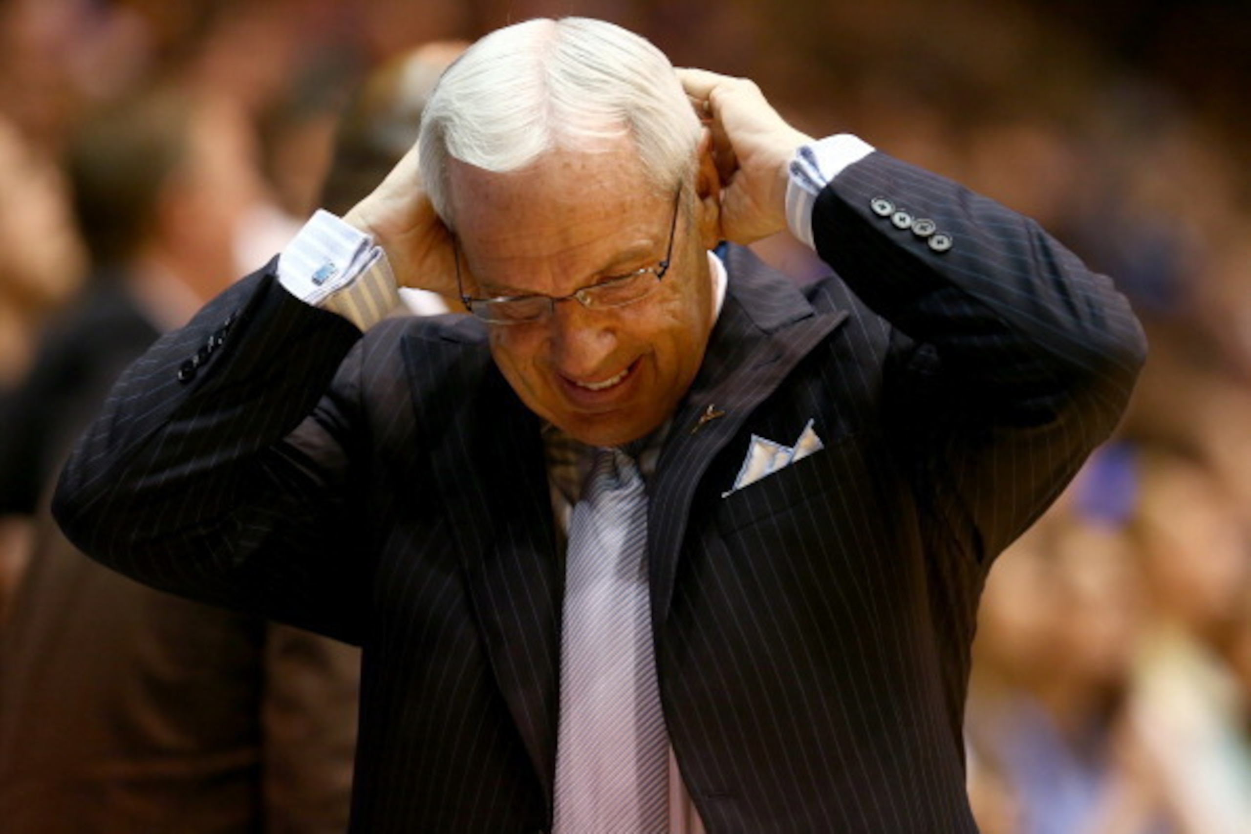DURHAM, NC - MARCH 08:  Head coach Roy Williams of the North Carolina Tar Heels reacts after a call during their game against the Duke Blue Devils at Cameron Indoor Stadium on March 8, 2014 in Durham, North Carolina.  (Photo by Streeter Lecka/Getty Images