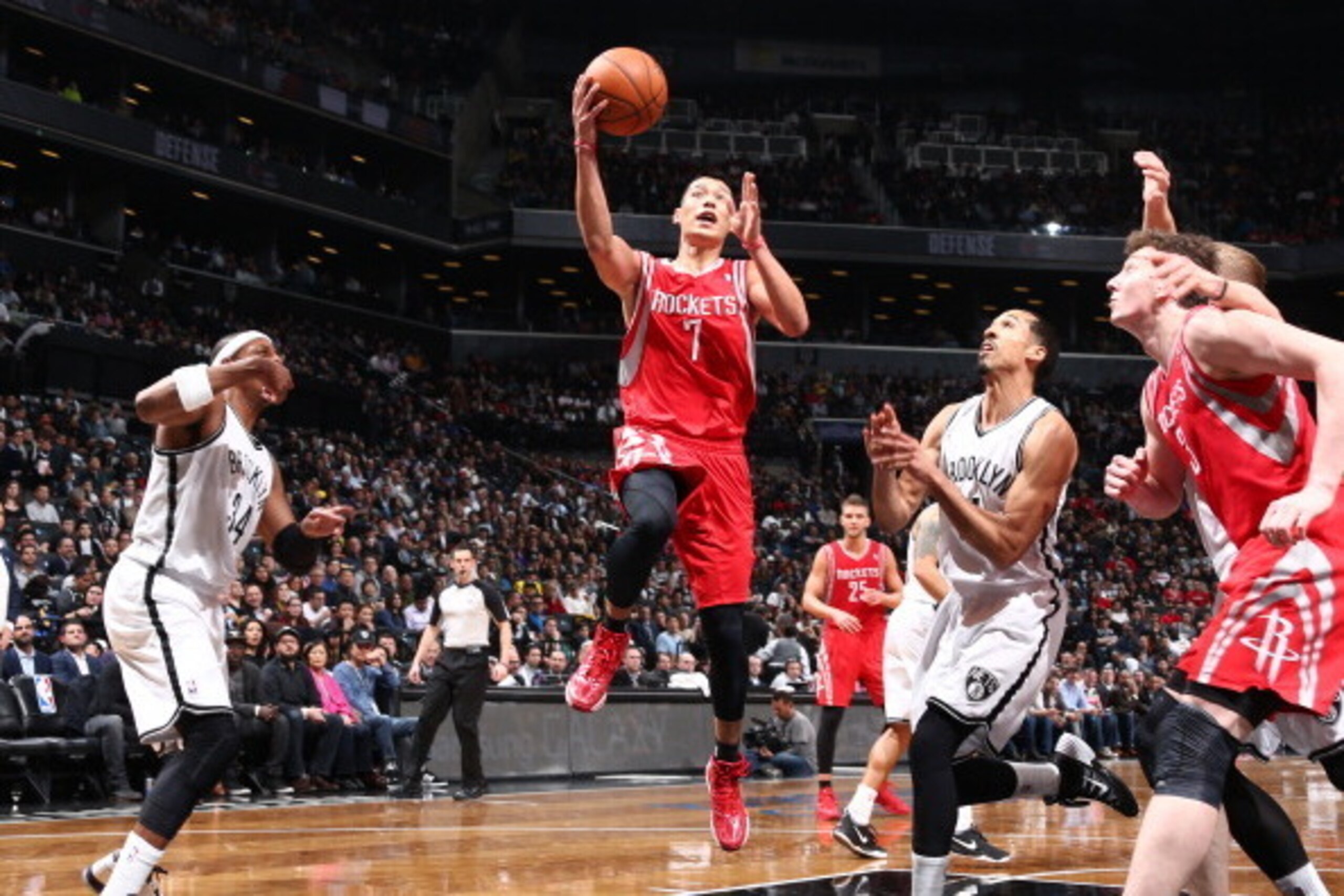 BROOKLYN, NY - April 01: Jeremy Lin #7 of the Houston Rockets shoots during a game against the Brooklyn Nets at the Barclays Center on April 01, 2014 in the Brooklyn borough of New York City.  NOTE TO USER: User expressly acknowledges and agrees that, by 