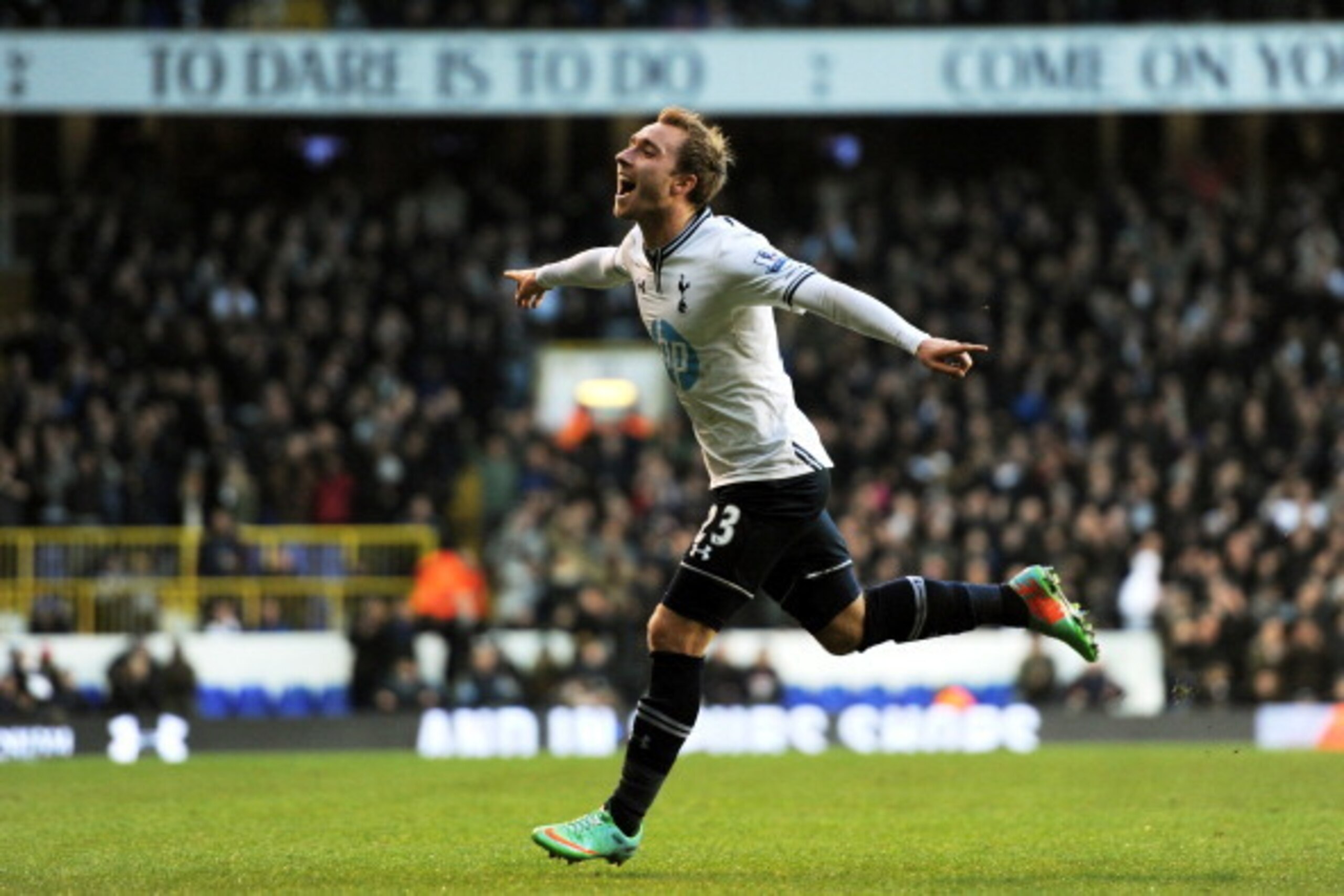 LONDON, ENGLAND - DECEMBER 26:  Christian Eriksen of Spurs celebrates after scoring the opening goal from a free kick during the Barclays Premier League match between Tottenham Hotspur and West Bromwich Albion on December 26 2013 in London, England.  (Pho