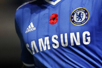 LONDON, ENGLAND - NOVEMBER 09: The poppy on the Chelsea shirt during the Barclays Premier League match between Chelsea and West Bromwich Albion at Stamford Bridge on November 09, 2013 in London, England. (Photo by Charlie Crowhurst/Getty Images)