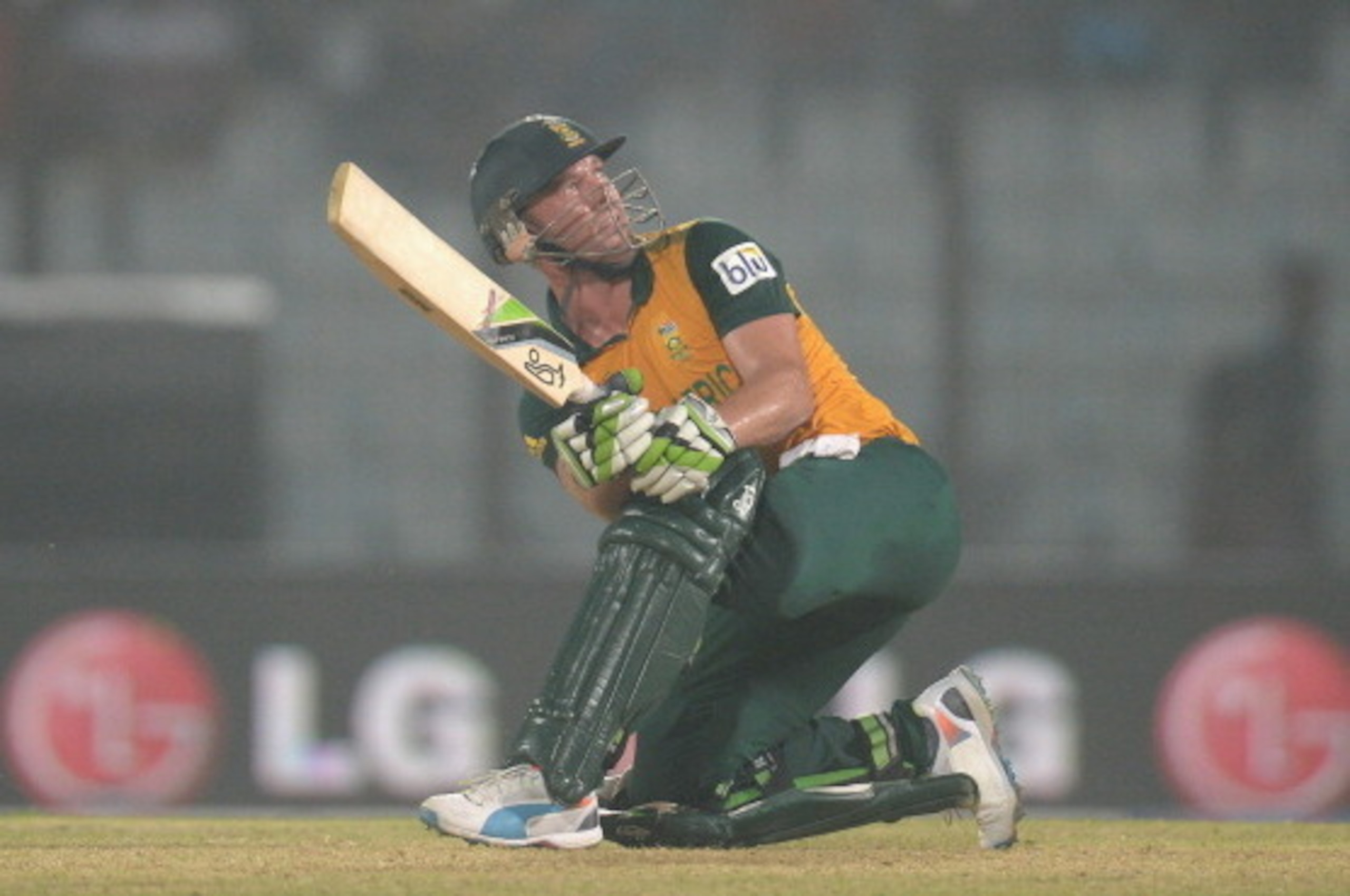 CHITTAGONG, BANGLADESH - MARCH 29:  AB de Villiers of South Africa hits out for six runs during the ICC World Twenty20 Bangladesh 2014 Group 1 match between England and South Africa at Zahur Ahmed Chowdhury Stadium on March 29, 2014 in Chittagong, Banglad