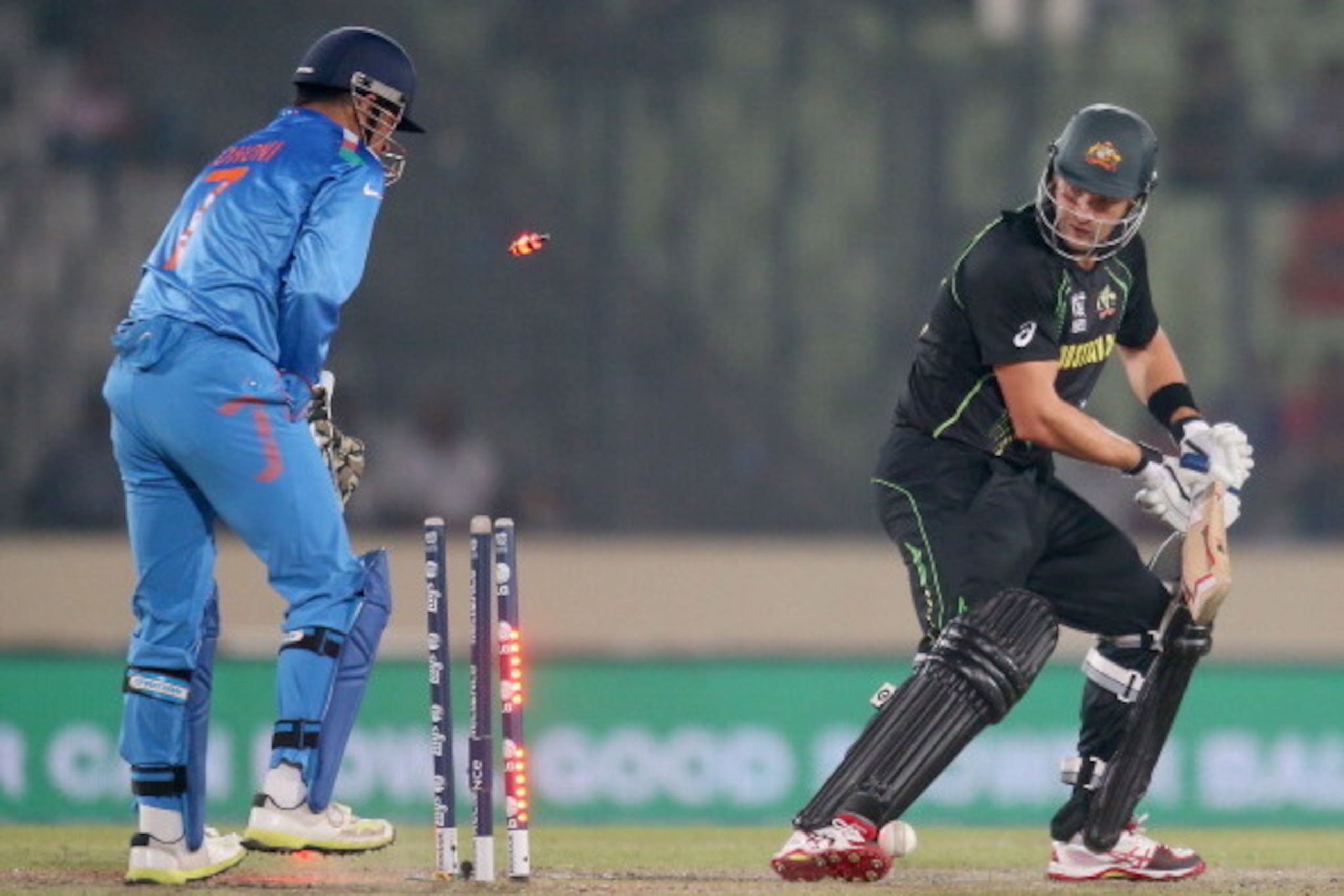DHAKA, BANGLADESH - MARCH 30:  Shane Watson of Australia is bowled out during the ICC World Twenty20 Bangladesh 2014 match between India v Australia at Sher-e-Bangla Mirpur Stadium on March 30, 2014 in Dhaka, Bangladesh.  (Photo by Scott Barbour/Getty Ima