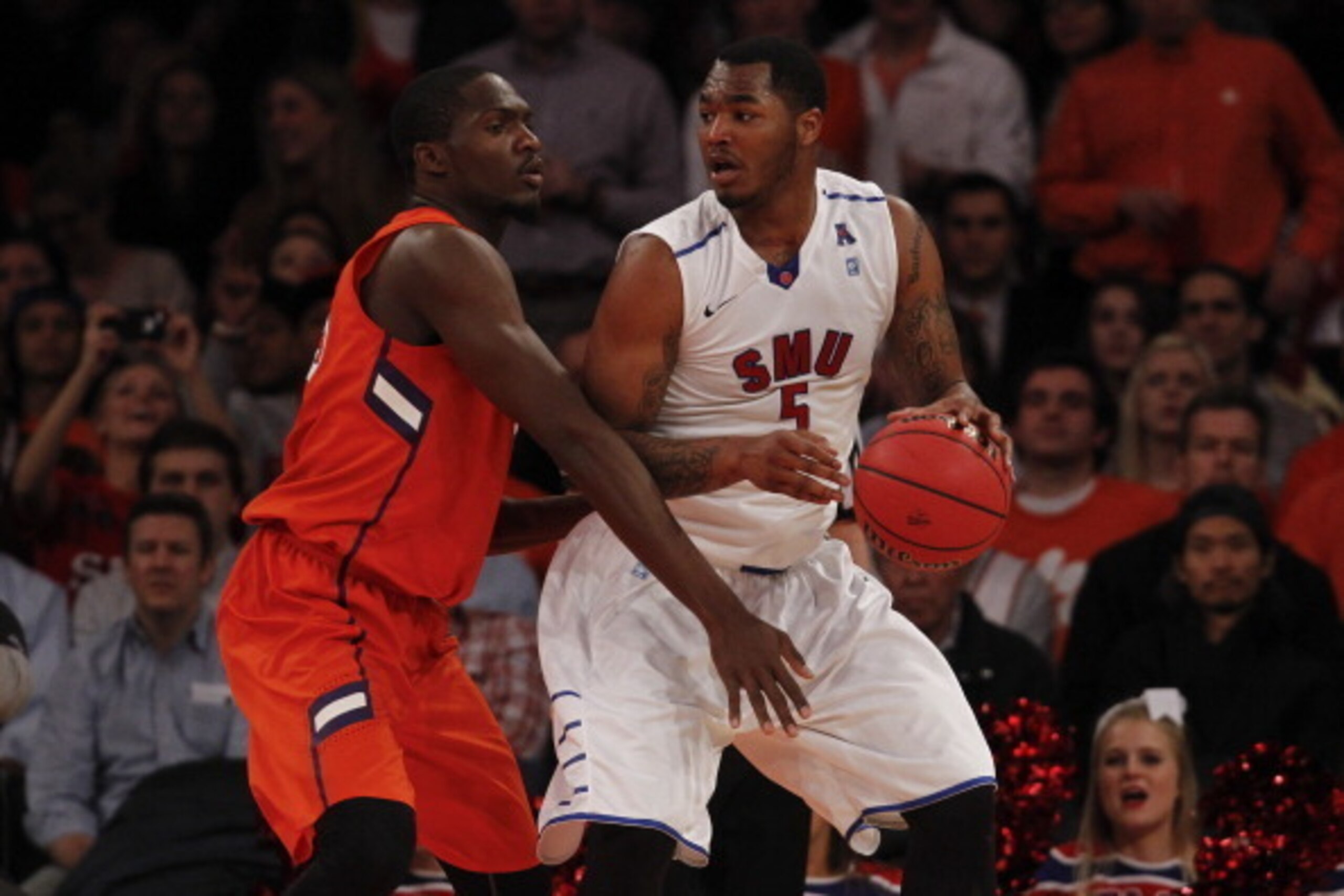 NEW YORK, NY - APRIL 1: Markus Kennedy #5 of the Southern Methodist Mustangs looks to get by Landry Nnoko #35 of the Clemson Tigers during the NIT Championship semifinals at Madison Square Garden on April 1, 2014 in New York City. (Photo by Jeff Zeleva NEW YORK, NY - APRIL 1: Markus Kennedy #5 of the Southern Methodist Mustangs looks to get by Landry Nnoko #35 of the Clemson Tigers during the NIT Championship semifinals at Madison Square Garden on April 1, 2014 in New York City. (Photo by Jeff Zeleva