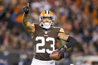 CLEVELAND, OH - NOVEMBER 3: Cornerback Joe Haden #23 of the Cleveland Browns celebrates after catching and interception during the first half against the Baltimore Ravens at FirstEnergy Stadium on November 3, 2013 in Cleveland, Ohio. (Photo by Jason Mille
