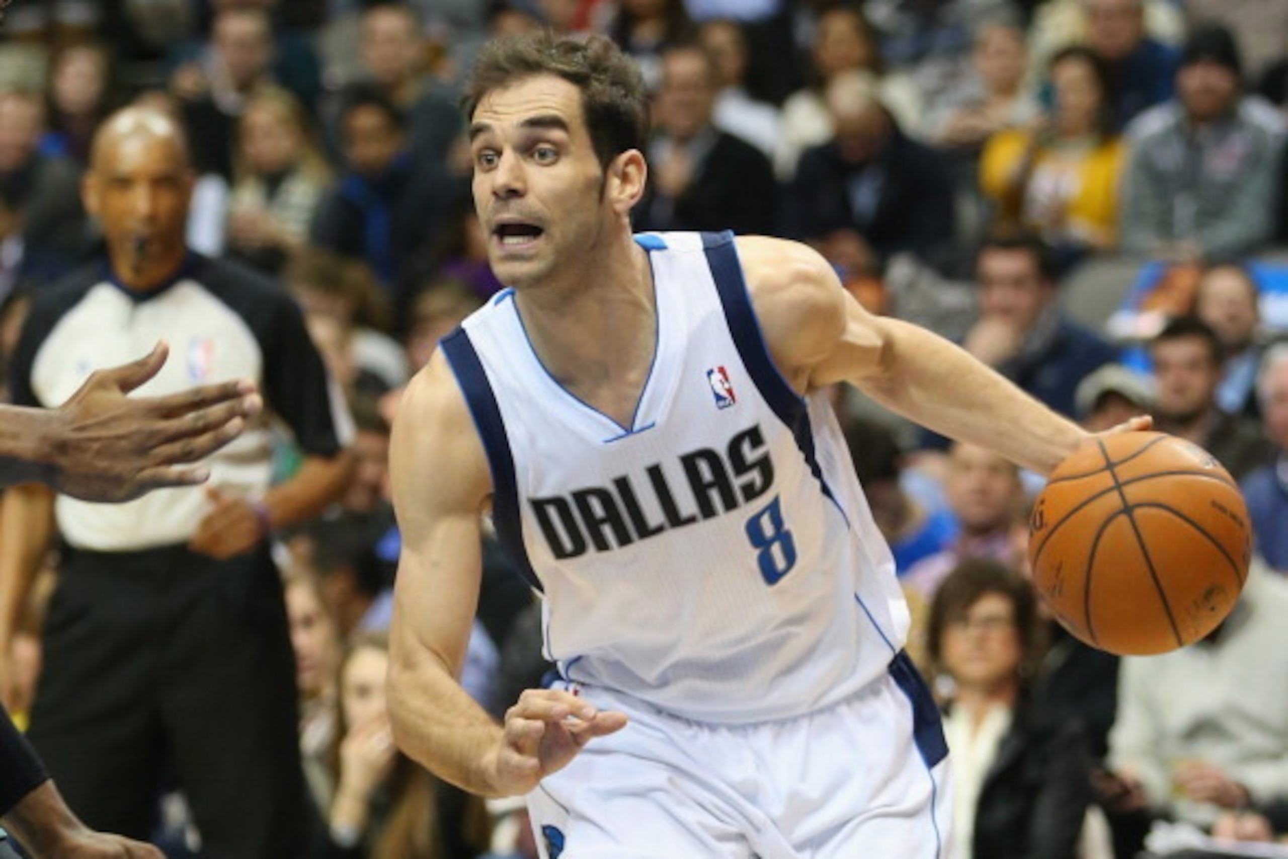 DALLAS, TX - FEBRUARY 07:  Jose Calderon #8 of the Dallas Mavericks at American Airlines Center on February 7, 2014 in Dallas, Texas.  NOTE TO USER: User expressly acknowledges and agrees that, by downloading and or using this photograph, User is consenti