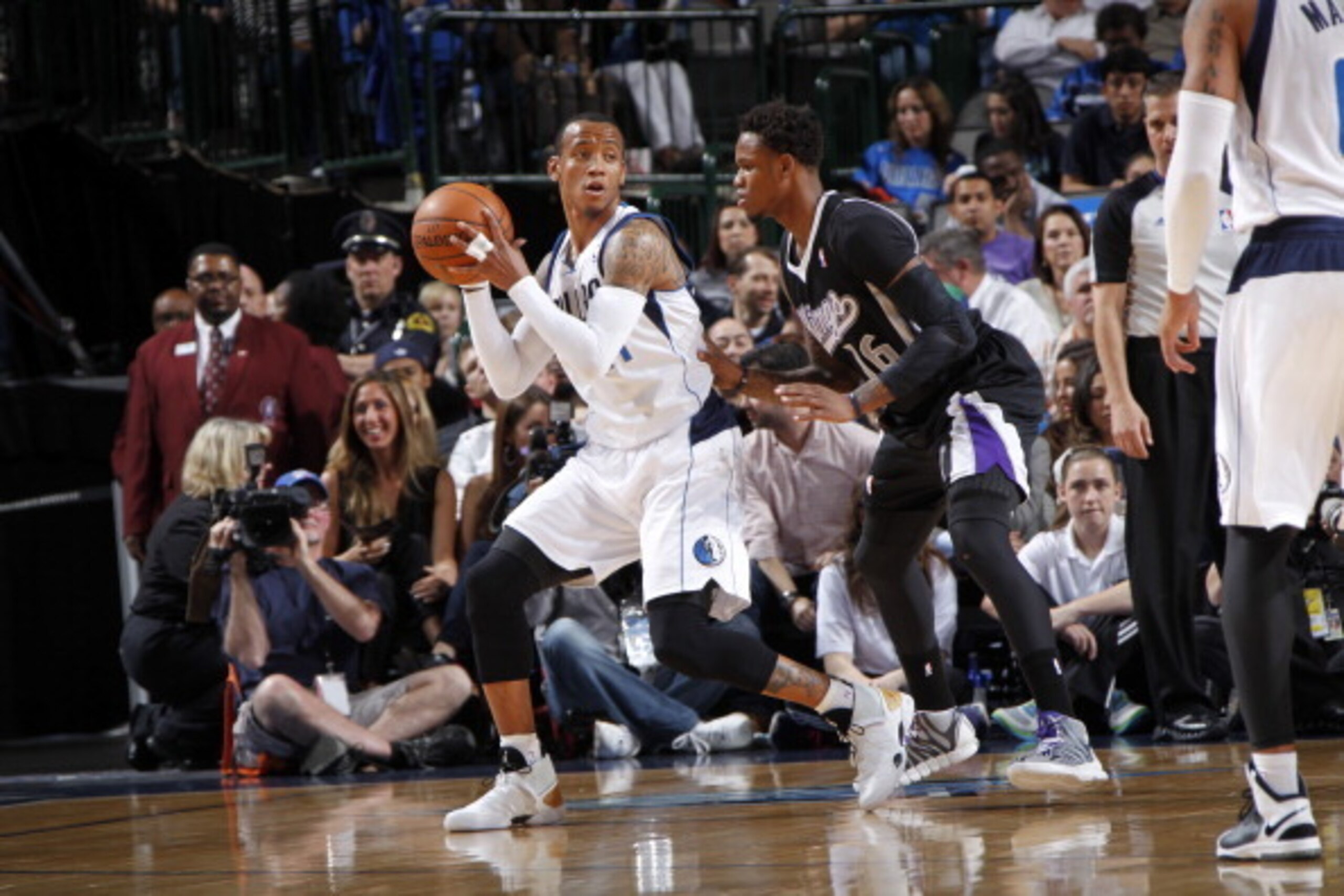 DALLAS, TX - MARCH 29: Monta Ellis #11 of the Dallas Mavericks posts up against the Sacramento Kings on March 29, 2014 at the American Airlines Center in Dallas, Texas. NOTE TO USER: User expressly acknowledges and agrees that, by downloading and or using