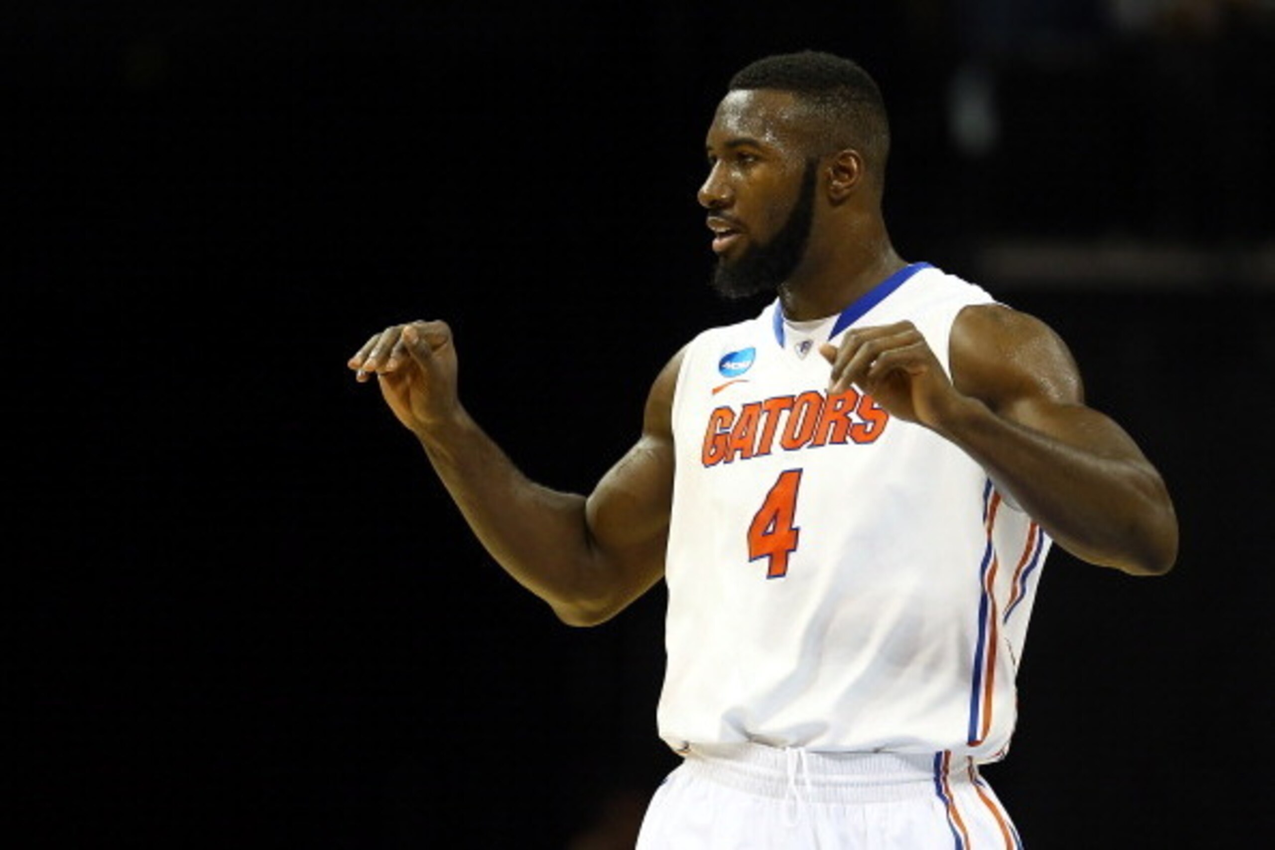 MEMPHIS, TN - MARCH 29: Patric Young #4 of the Florida Gators reacts against the Dayton Flyers during the south regional final of the 2014 NCAA Men's Basketball Tournament at the FedExForum on March 29, 2014 in Memphis, Tennessee.  (Photo by Streeter Leck