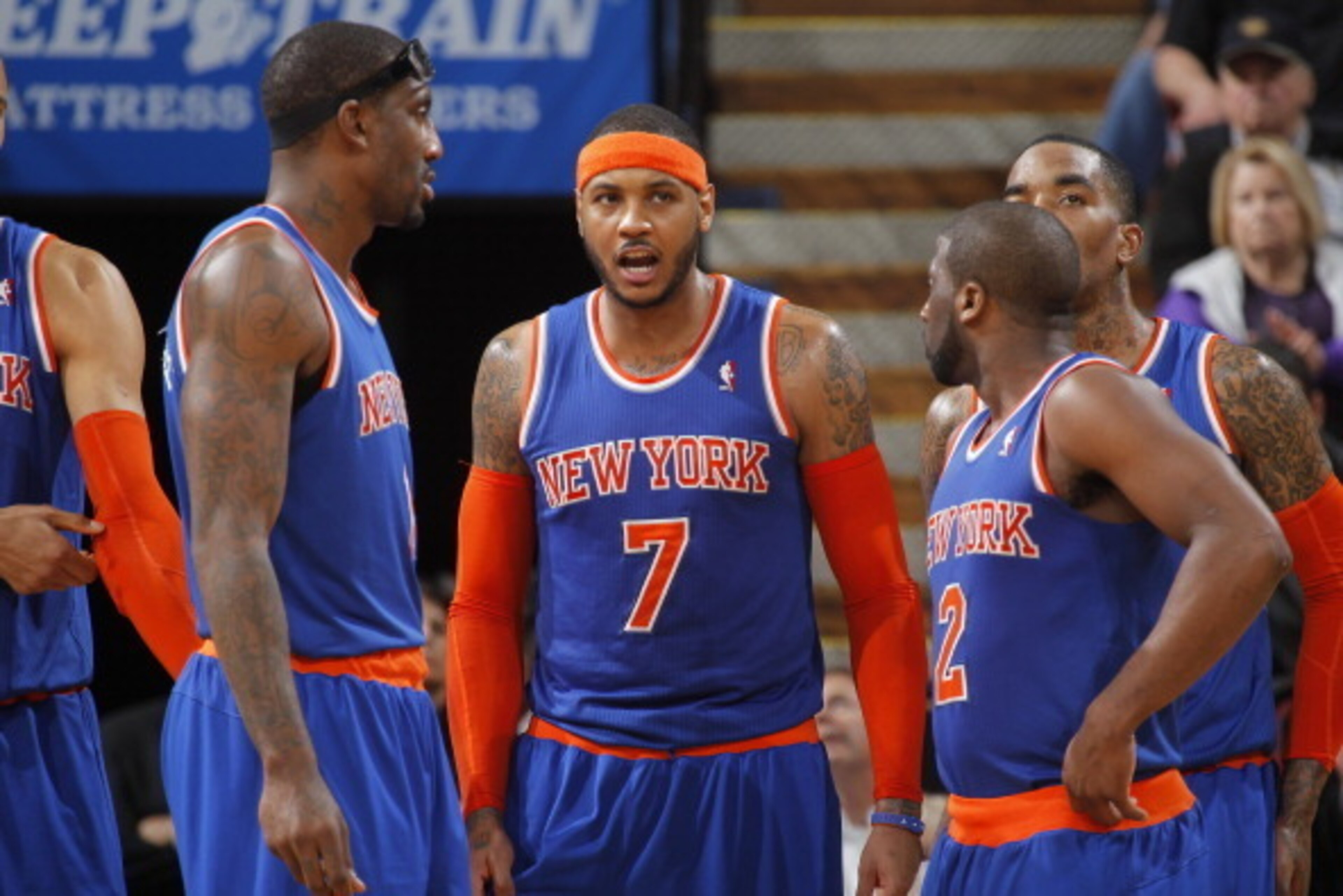 SACRAMENTO, CA - MARCH 26: Amar'e Stoudemire #1, Carmelo Anthony #7, Raymond Felton #2 and J.R. Smith #8 of the New York Knicks in a game against the Sacramento Kings on March 26, 2014 at Sleep Train Arena in Sacramento, California. NOTE TO USER: User exp