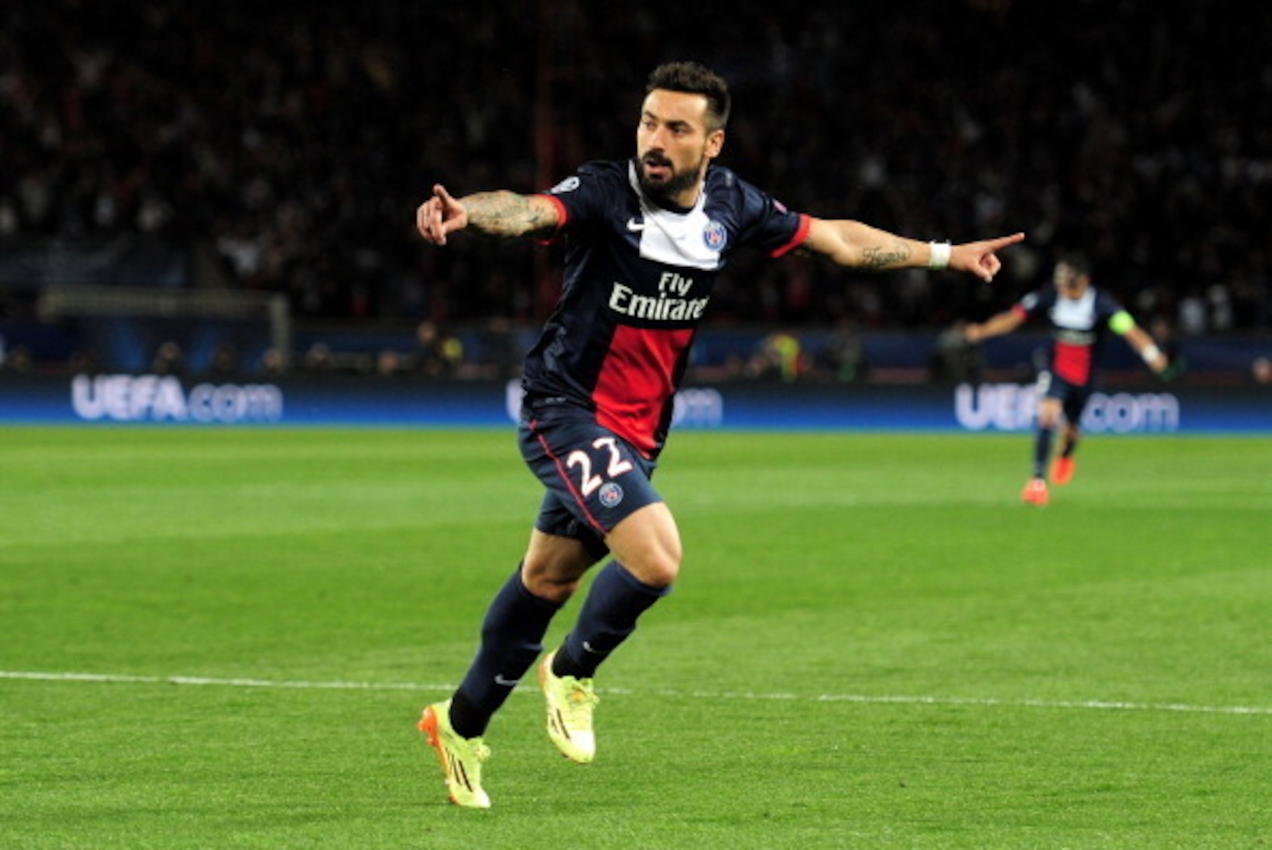 PARIS, FRANCE - APRIL 02:  Ezequiel Lavezzi of PSG celebrates after scoring the opening goal during the UEFA Champions League quarter final, first leg match between Paris Saint Germain and Chelsea at Parc des Princes on April 2, 2014 in Paris, France.  (P