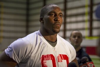 FLOWERY BRANCH, GA - MAY 04: Defensive End Malliciah Goodman #93 of the Atlanta Falcons speaks with the media during the Atlanta Falcons rookie mini camp on May 04, 2013 in Flowery Branch, Georgia. (Photo by Todd Kirkland/Getty Images)