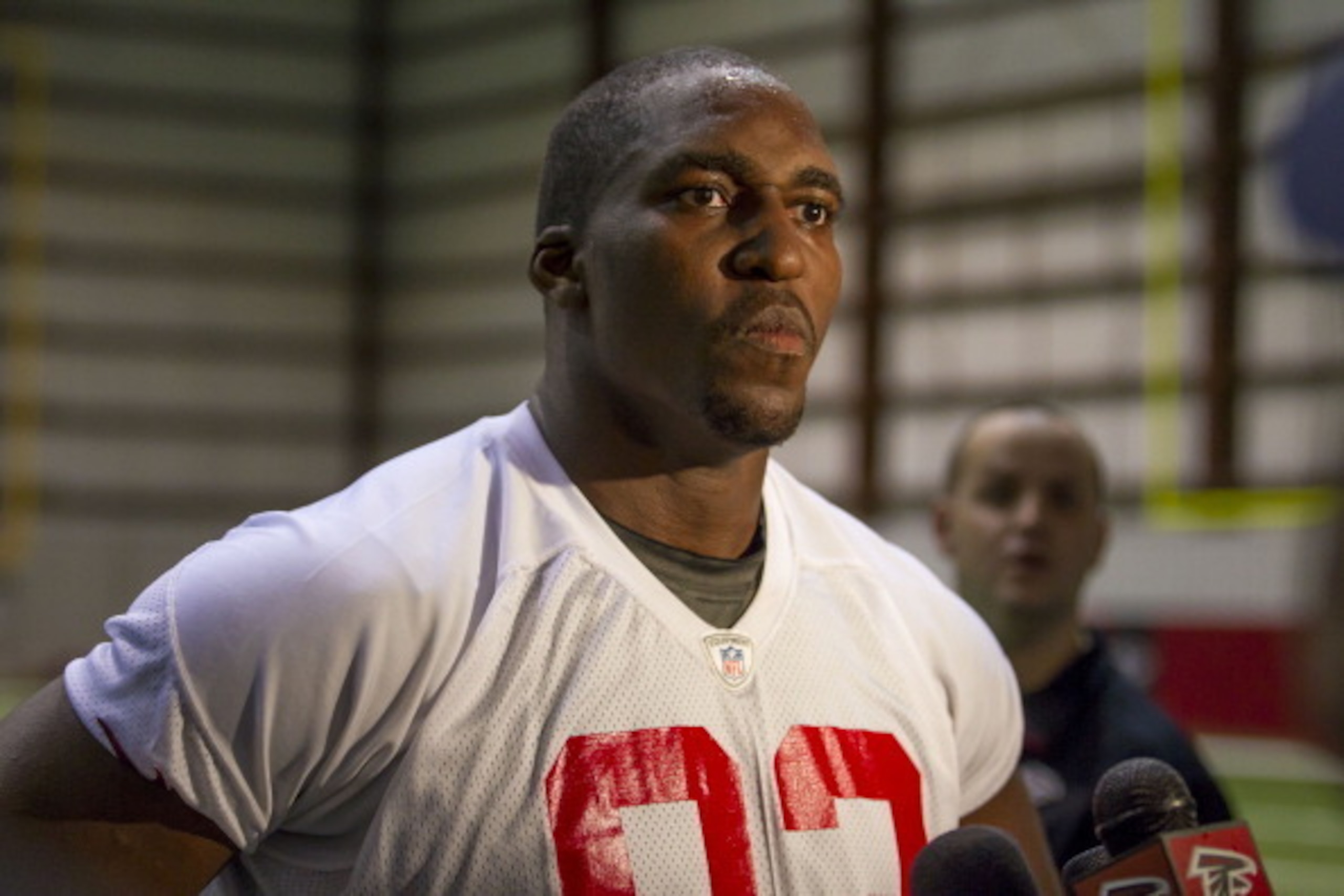 FLOWERY BRANCH, GA - MAY 04: Defensive End Malliciah Goodman #93 of the Atlanta Falcons speaks with the media during the Atlanta Falcons rookie mini camp on May 04, 2013 in Flowery Branch, Georgia. (Photo by Todd Kirkland/Getty Images)