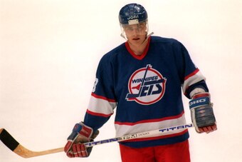 26 JAN 1994:  TEEMU SELANNE, RIGHT WING FOR THE WINNIPEG JETS, SKATES DURING THEIR 3-1 LOSS TO THE ANAHEIM MIGHTY DUCKS AT THE ARROWHEAD POND IN ANAHEIM, CALIFORNIA.   Mandatory Credit: Glenn Cratty/ALLSPORT