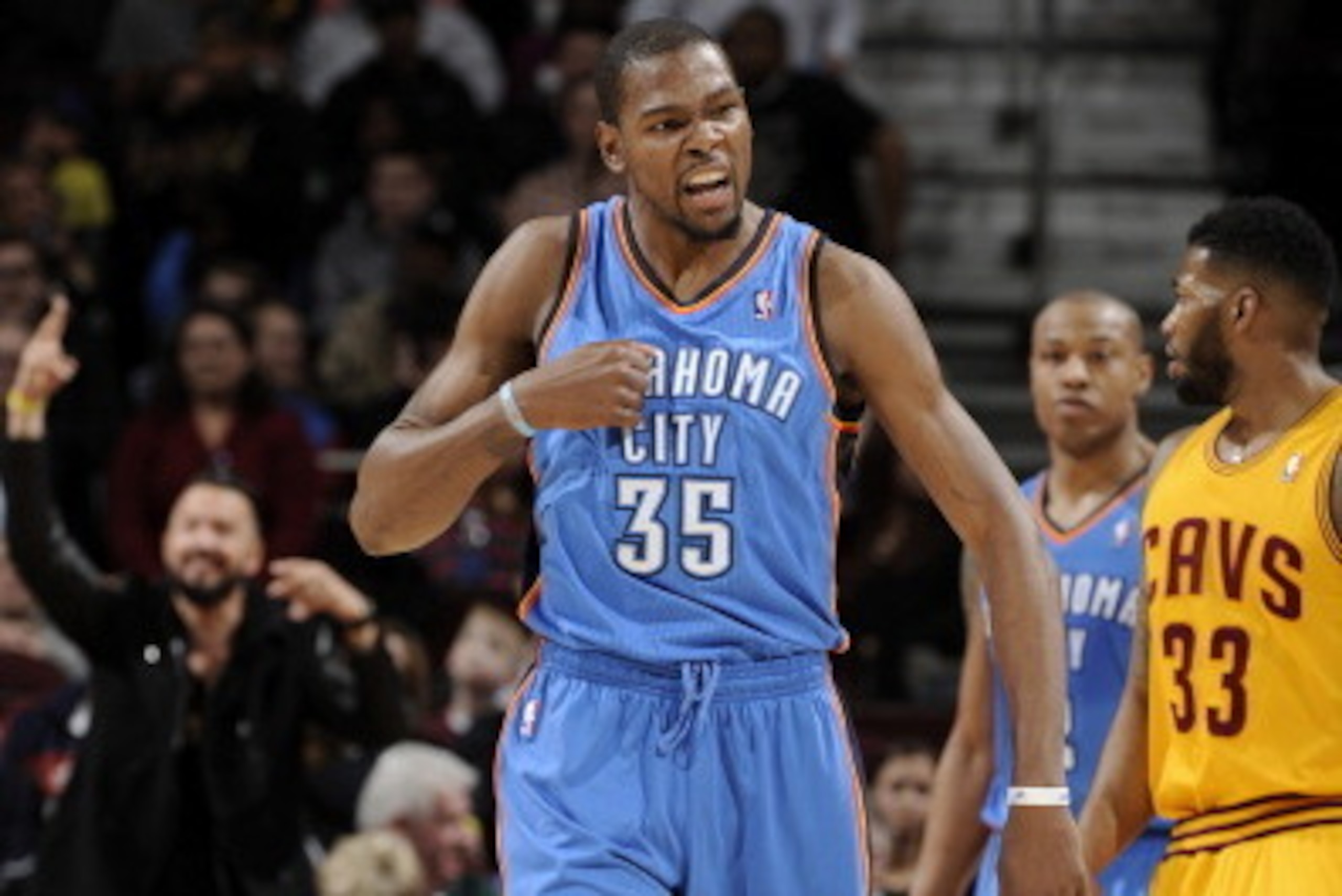 CLEVELAND, OH - MARCH 20:  Kevin Durant #35 of the Oklahoma City Thunder celebrates during a game against the Cleveland Cavaliers at The Quicken Loans Arena on March 20, 2014 in Cleveland, Ohio. NOTE TO USER: User expressly acknowledges and agrees that, b
