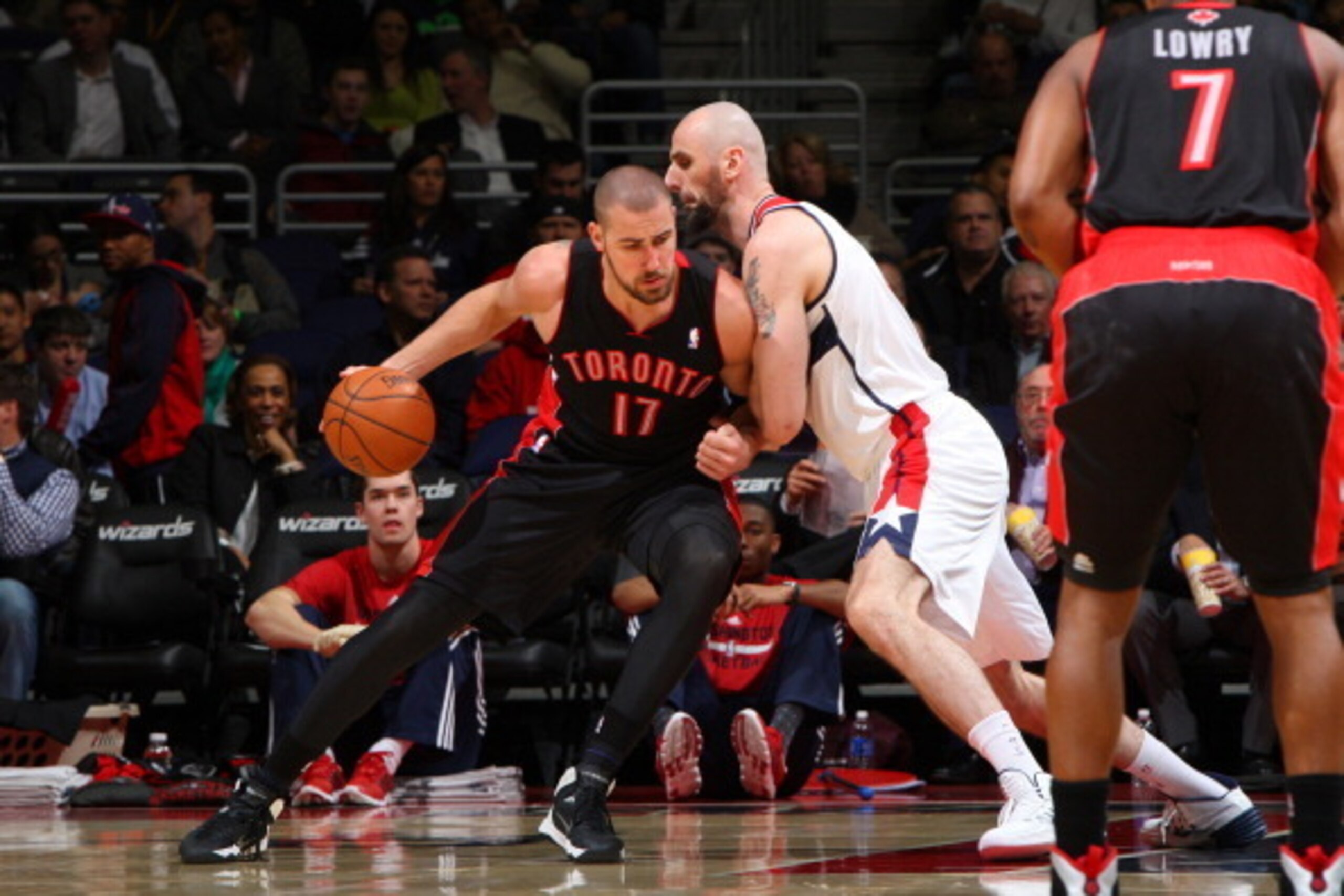 WASHINGTON, DC - FEBRUARY 18: Jonas Valanciunas #17 of the Toronto Raptors handling the ball against the Washington Wizards during the game at the Verizon Center on February 18, 2014 in Washington, DC. NOTE TO USER: User expressly acknowledges and agrees 