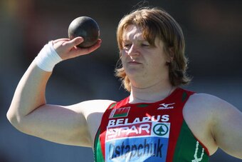 BARCELONA, SPAIN - JULY 27:  Nadzeya Ostapchuk of Belarus competes in the Womens Shot Put Qualifying during day one of the 20th European Athletics Championships at the Olympic Stadium on July 27, 2010 in Barcelona, Spain.  (Photo by Michael Steele/Getty I