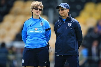 BURTON-UPON-TRENT, ENGLAND - JUNE 26:  England manager Hope Powell looks on during the Women's International match between England and Japan at the Pirelli Stadium on June 26, 2013 in Burton-upon-Trent, England.  (Photo by Richard Heathcote/Getty Images)