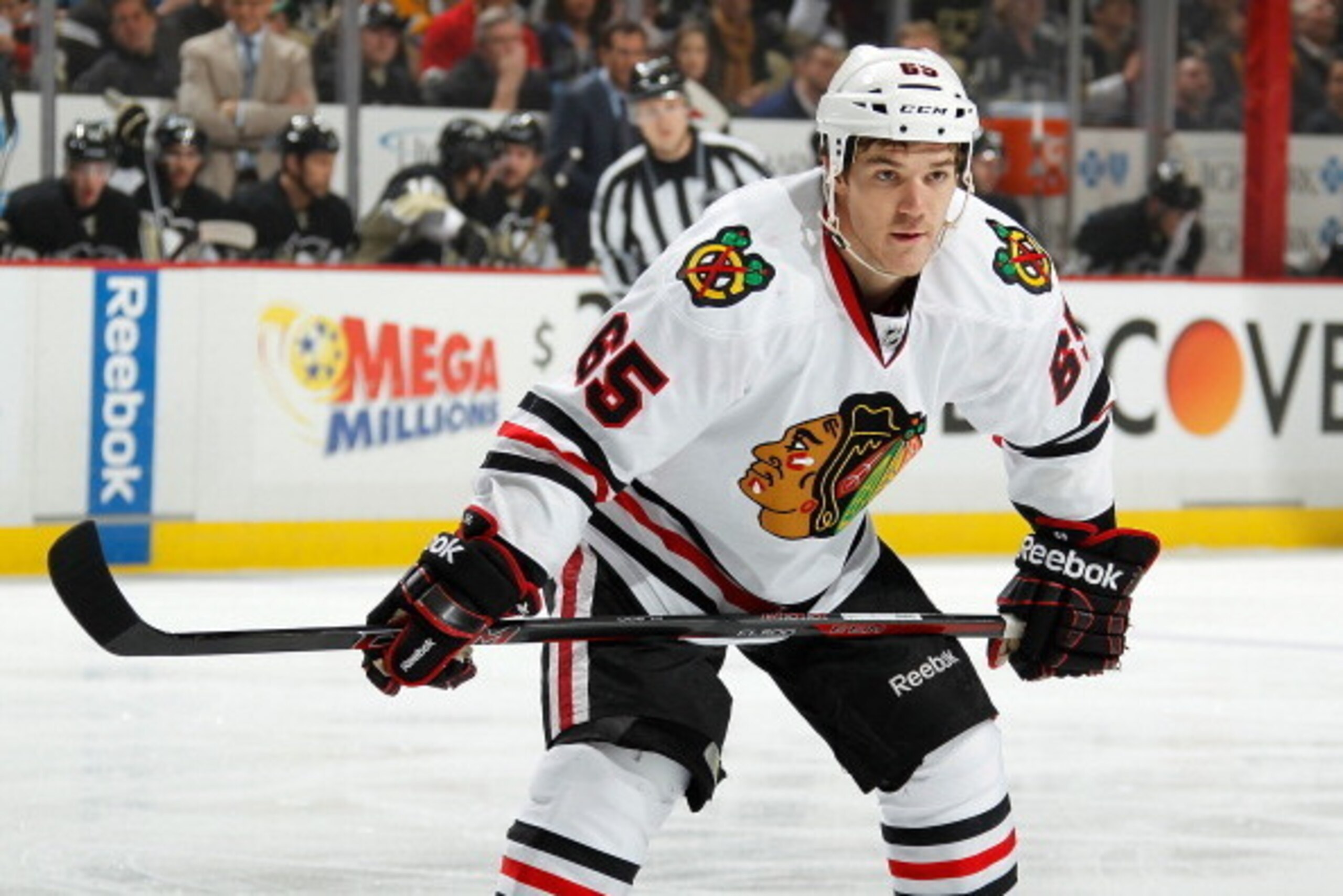 PITTSBURGH, PA - MARCH 30:  Andrew Shaw #65 of the Chicago Blackhawks skates against the Pittsburgh Penguins on March 30, 2014 at Consol Energy Center in Pittsburgh, Pennsylvania.  (Photo by Gregory Shamus/NHLI via Getty Images)