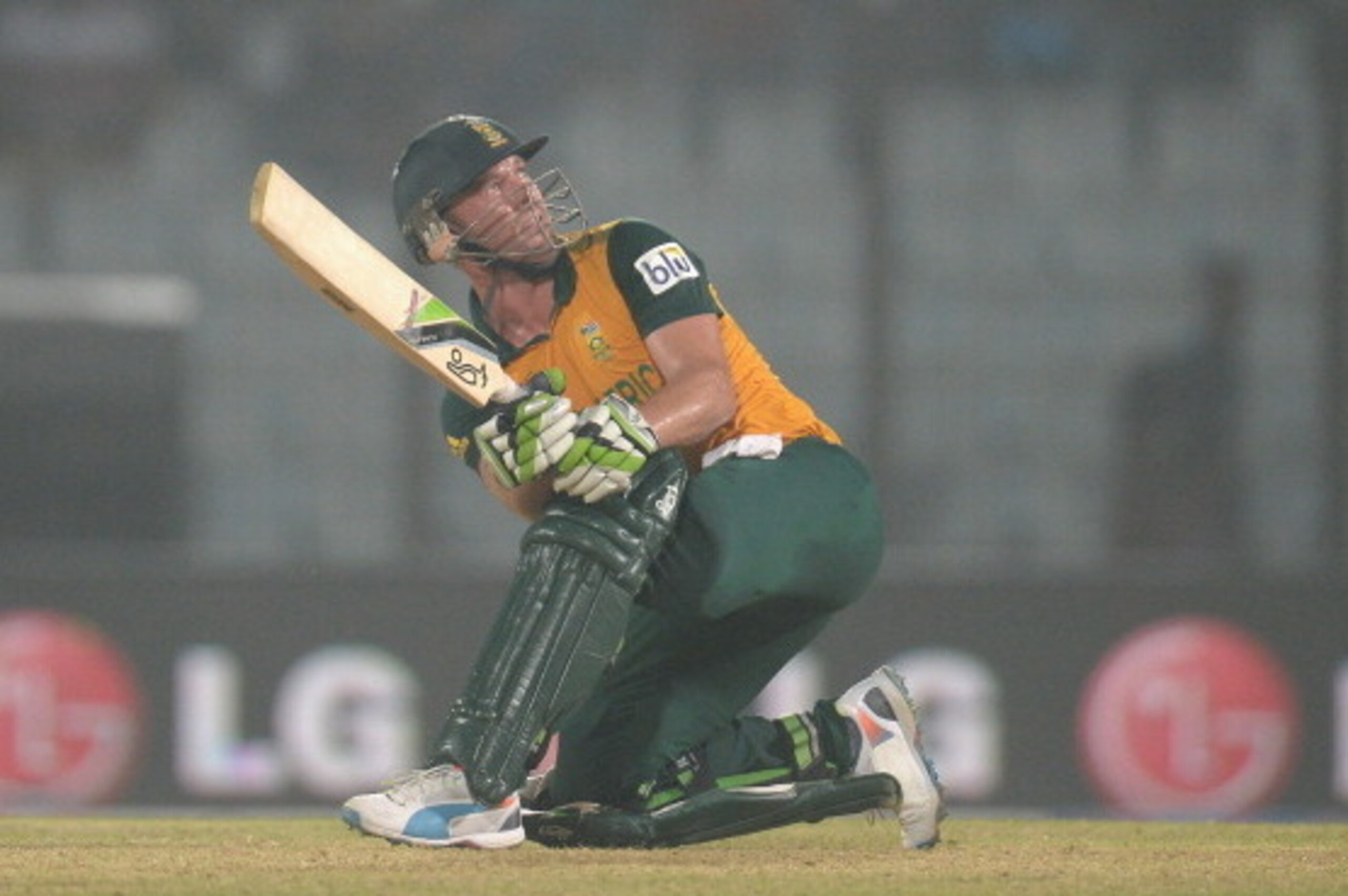 CHITTAGONG, BANGLADESH - MARCH 29:  AB de Villiers of South Africa hits out for six runs during the ICC World Twenty20 Bangladesh 2014 Group 1 match between England and South Africa at Zahur Ahmed Chowdhury Stadium on March 29, 2014 in Chittagong, Banglad