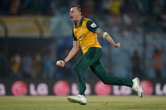 CHITTAGONG, BANGLADESH - MARCH 24:  Dale Steyn of South Africa celebrates running out Ross Taylor of New Zealand to win the ICC World Twenty20 Bangladesh 2014 Group 1 match between New Zealand and South Africa at Zahur Ahmed Chowdhury Stadium on March 24,