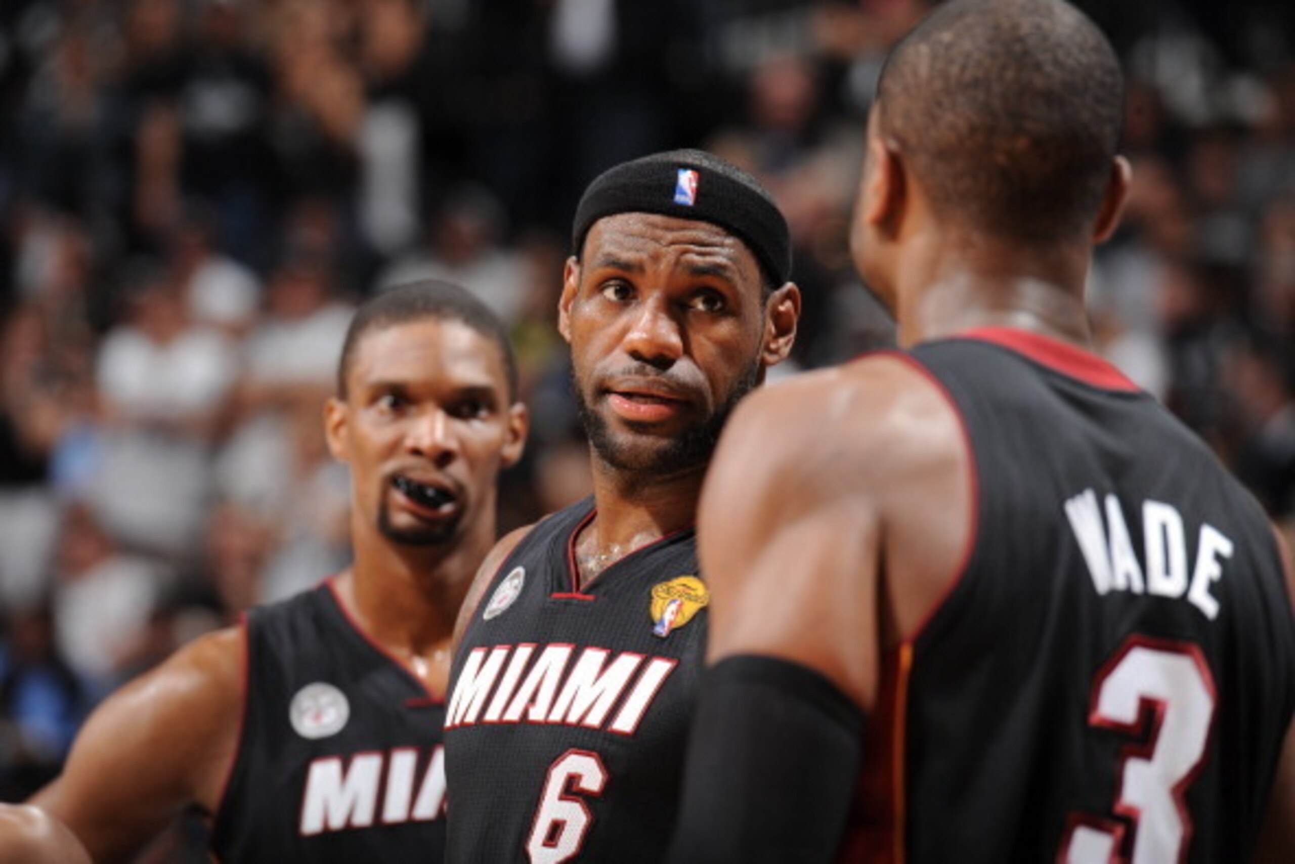 SAN ANTONIO, TX - JUNE 13: Chris Bosh #1, Lebron James #6 and Dwyane Wade #3 of the Miami Heat during Game Four of the 2013 NBA Finals against the San Antonio Spurs on June 13, 2013 at the AT&T Center in San Antonio, Texas. NOTE TO USER: User expressly ac