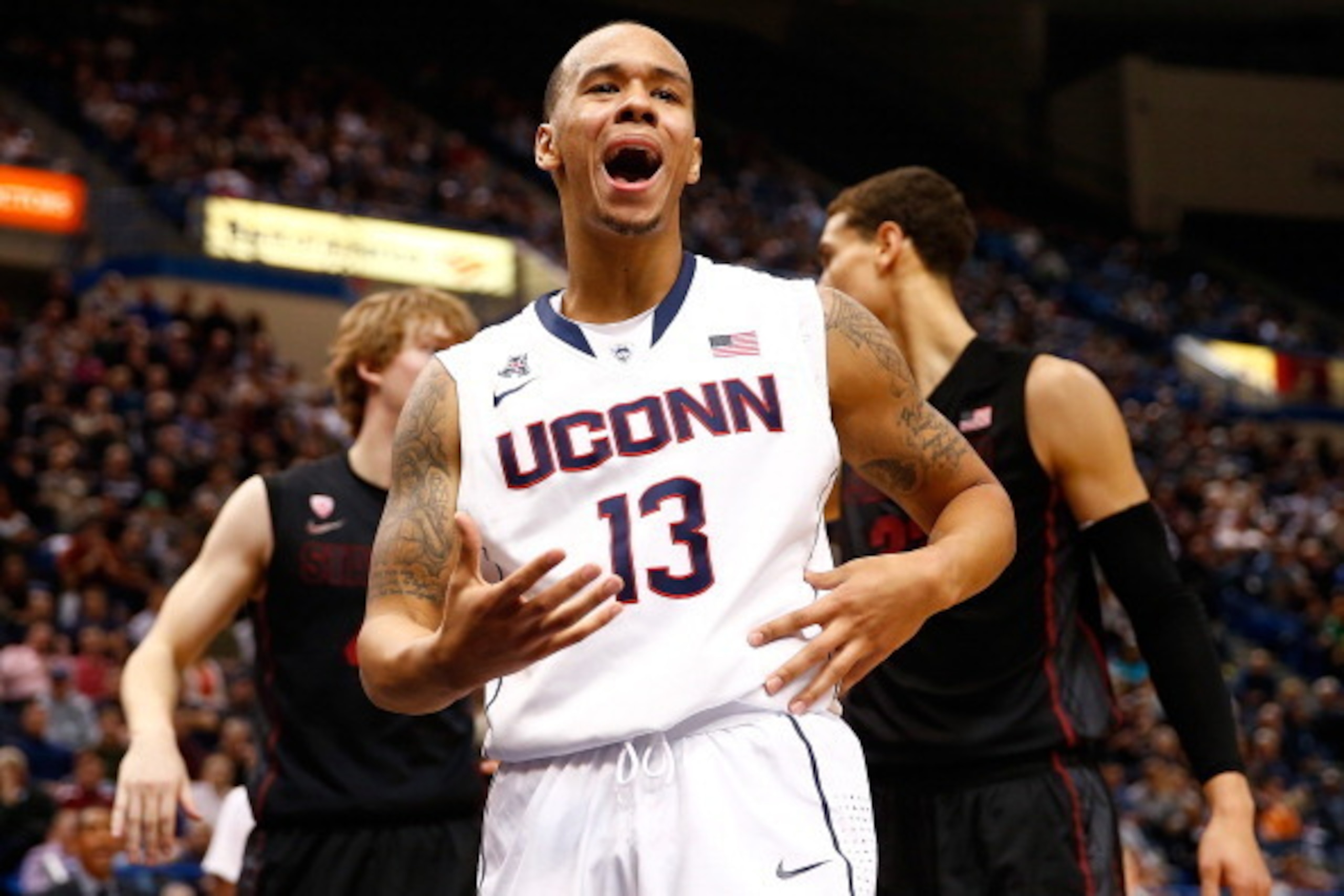 HARTFORD, CT - DECEMBER 18: Shabazz Napier #13 of the Connecticut Huskies reacts following a non-call in the second half against the Stanford Cardinal during the game at XL Center on December 18, 2013 in Hartford, Connecticut. (Photo by Jared Wickerham/G HARTFORD, CT - DECEMBER 18: Shabazz Napier #13 of the Connecticut Huskies reacts following a non-call in the second half against the Stanford Cardinal during the game at XL Center on December 18, 2013 in Hartford, Connecticut. (Photo by Jared Wickerham/G