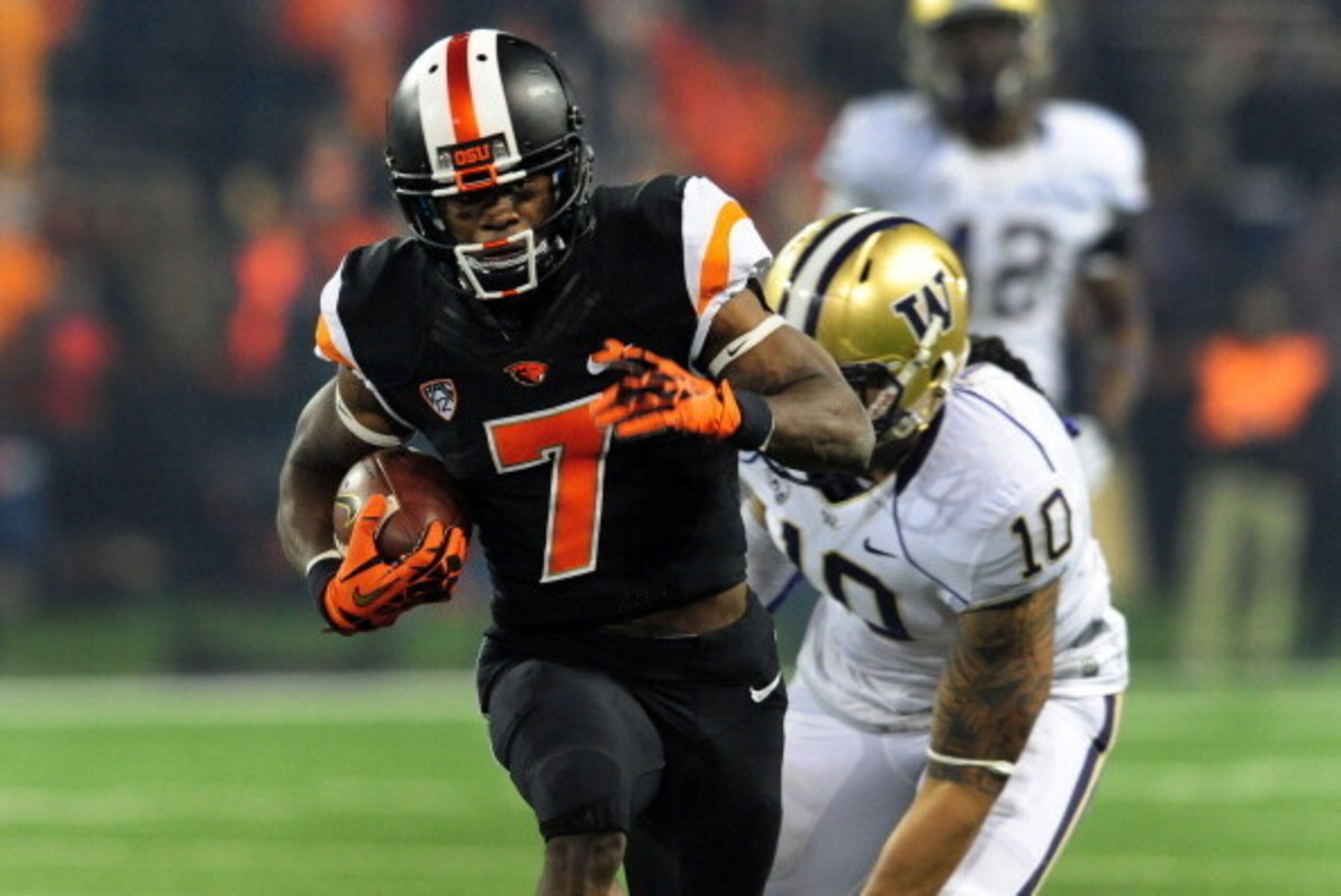 EUGENE, OR - NOVEMBER 23: Wide receiver Brandin Cooks #7 of the Oregon State Beavers heads to the end zone for a touchdown during the third quarter of the game against the Washington Huskies at Reser Stadium on November 23, 2013 in Eugene, Oregon. (Photo EUGENE, OR - NOVEMBER 23: Wide receiver Brandin Cooks #7 of the Oregon State Beavers heads to the end zone for a touchdown during the third quarter of the game against the Washington Huskies at Reser Stadium on November 23, 2013 in Eugene, Oregon. (Photo