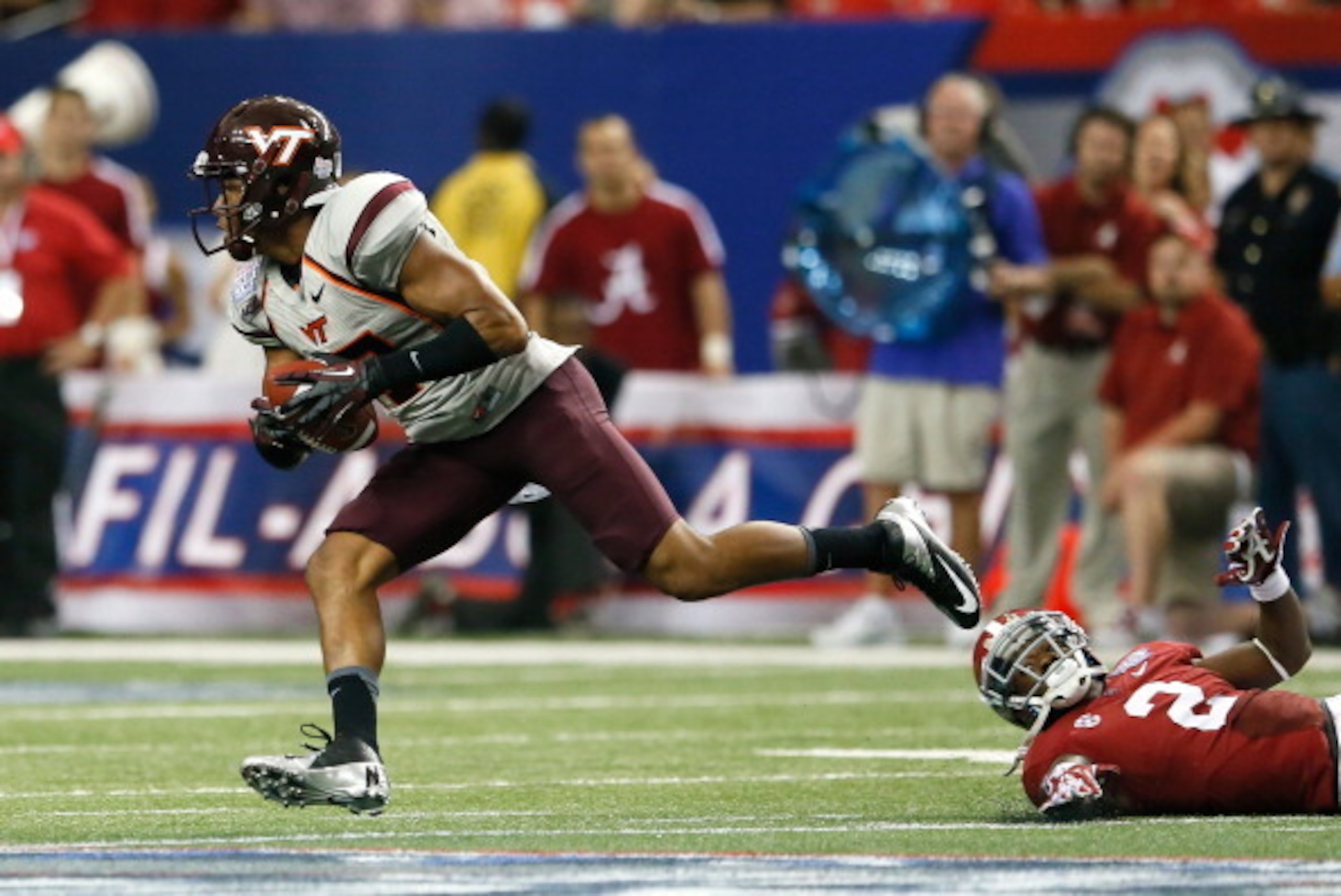 ATLANTA, GA - AUGUST 31:  Kyle Fuller #17 of the Virginia Tech Hokies intercepts a pass intended for DeAndrew White #2 of the Alabama Crimson Tide at Georgia Dome on August 31, 2013 in Atlanta, Georgia.  (Photo by Kevin C. Cox/Getty Images)