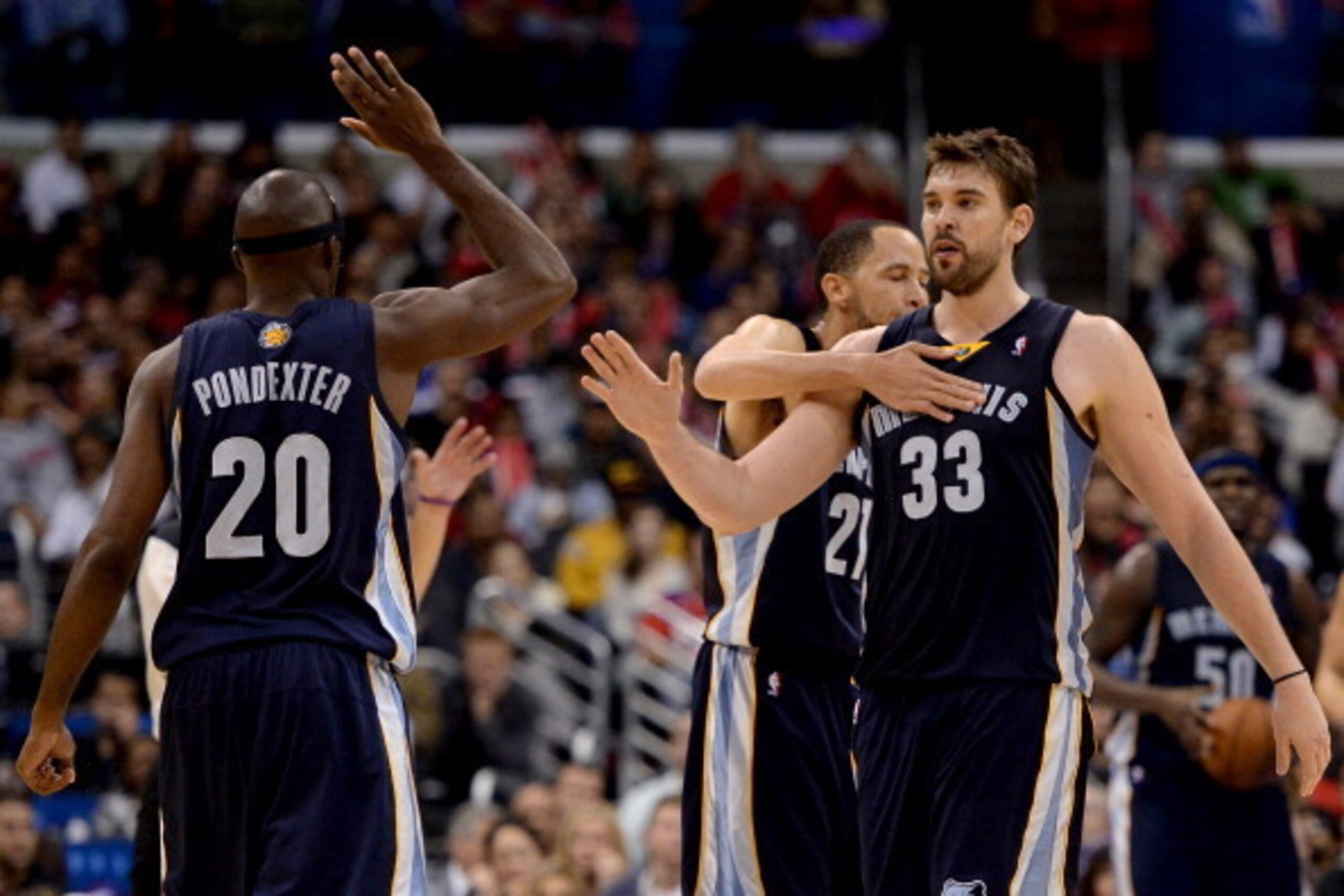 LOS ANGELES, CA - NOVEMBER 18:  Marc Gasol #33 of the Memphis Grizzlies celebrates his score and foul with Tayshaun Prince #21 and Quincy Pondexter #20 on way to a 106-102 win over the Los Angeles Clippers at Staples Center on November 18, 2013 in Los Ang