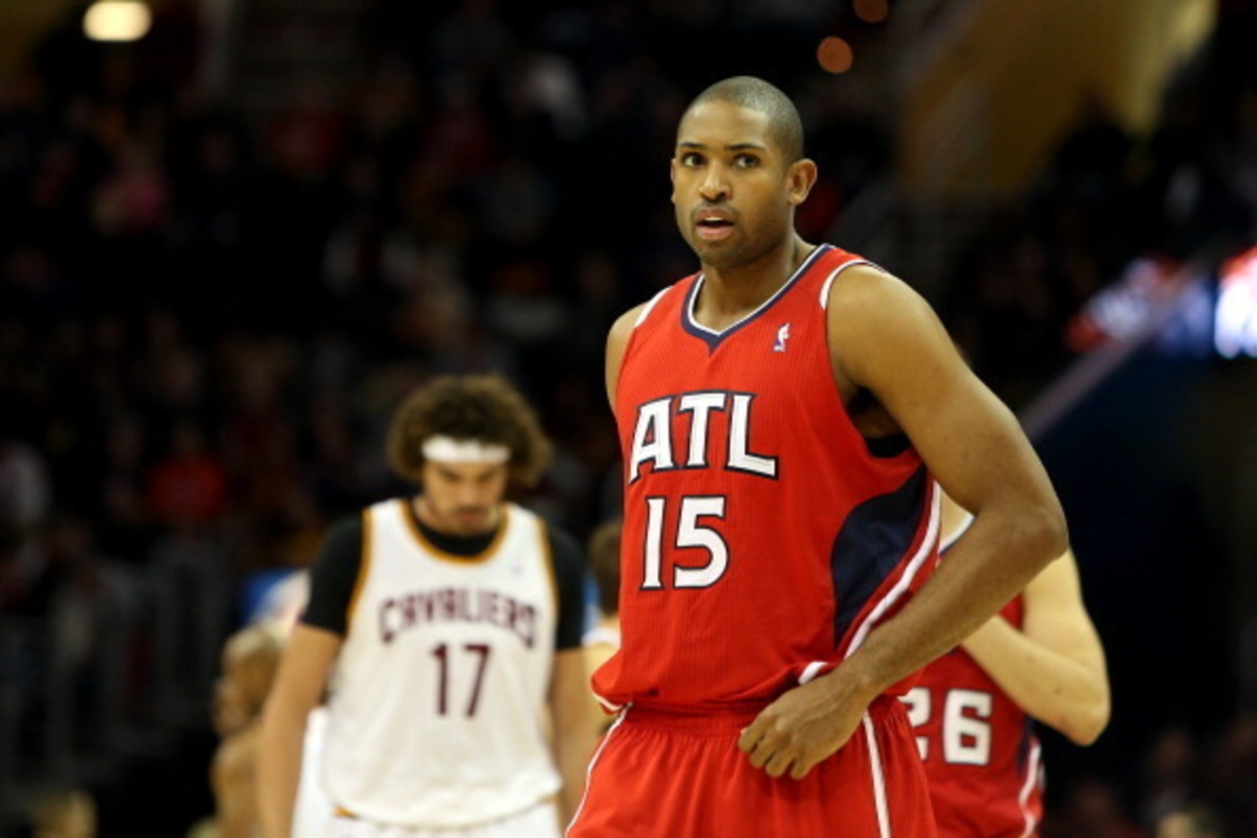 CLEVELAND, OH - DECEMBER 26: Al Horford #15 of the Atlanta Hawks looks on in the first half against the Cleveland Cavaliers at Quicken Loans Arena on December 26, 2013 in Cleveland, Ohio.  NOTE TO USER: User expressly acknowledges and agrees that, by down