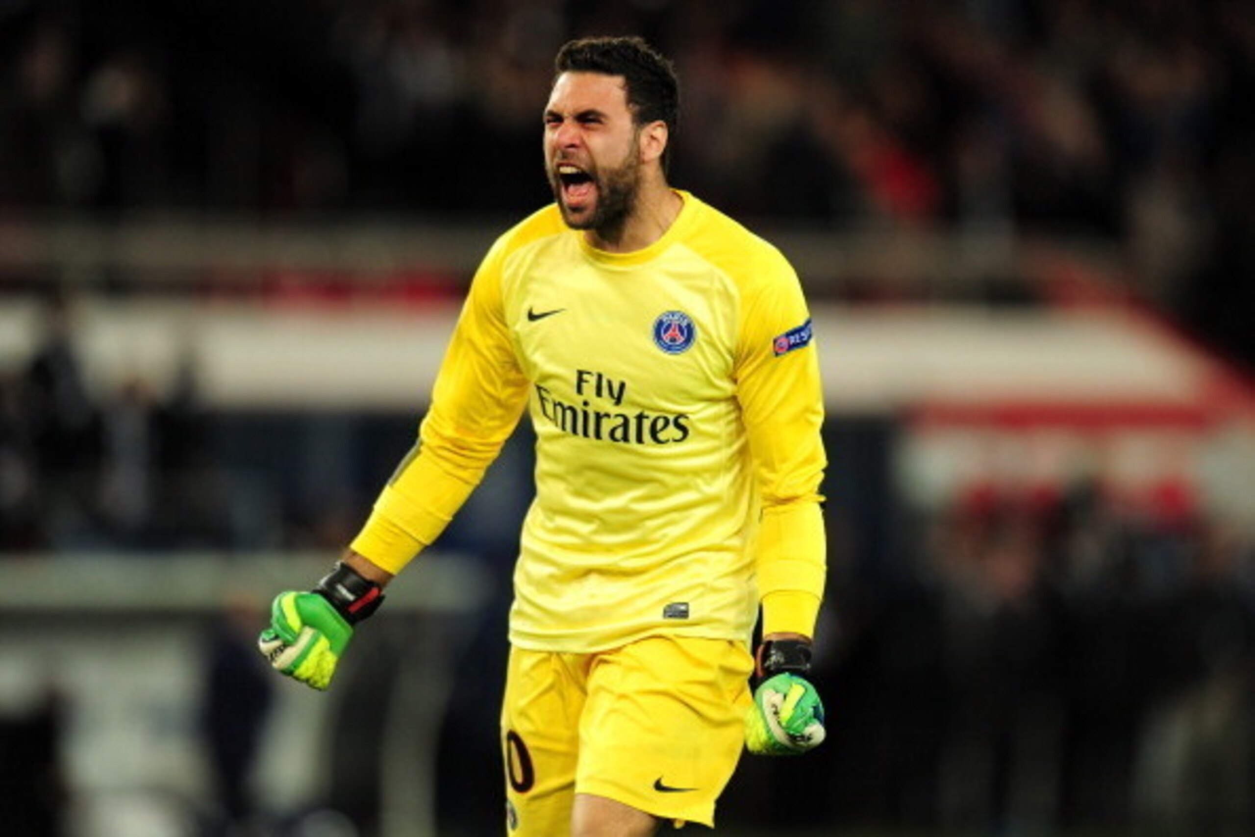 PARIS, FRANCE - APRIL 02: Goalkeeper Salvatore Sirigu of PSG celebrates his team's 3-1 victory during the UEFA Champions League quarter final, first leg match between Paris Saint Germain and Chelsea at Parc des Princes on April 2, 2014 in Paris, France. PARIS, FRANCE - APRIL 02: Goalkeeper Salvatore Sirigu of PSG celebrates his team's 3-1 victory during the UEFA Champions League quarter final, first leg match between Paris Saint Germain and Chelsea at Parc des Princes on April 2, 2014 in Paris, France.