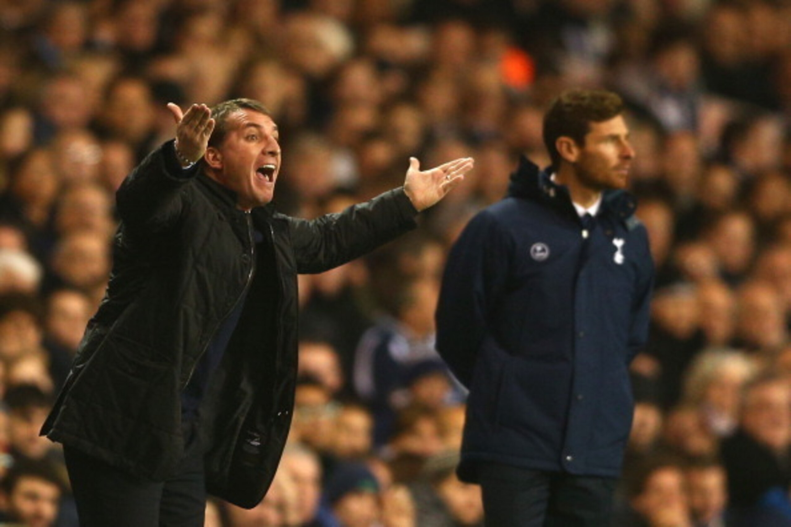 LONDON, ENGLAND - DECEMBER 15:  Brendan Rodgers of Liverpool and Andre Villas-Boas manager of Tottenham Hotspur on the touchline during the Barclays Premier League match between Tottenham Hotspur and Liverpool at White Hart Lane on December 15, 2013 in Lo