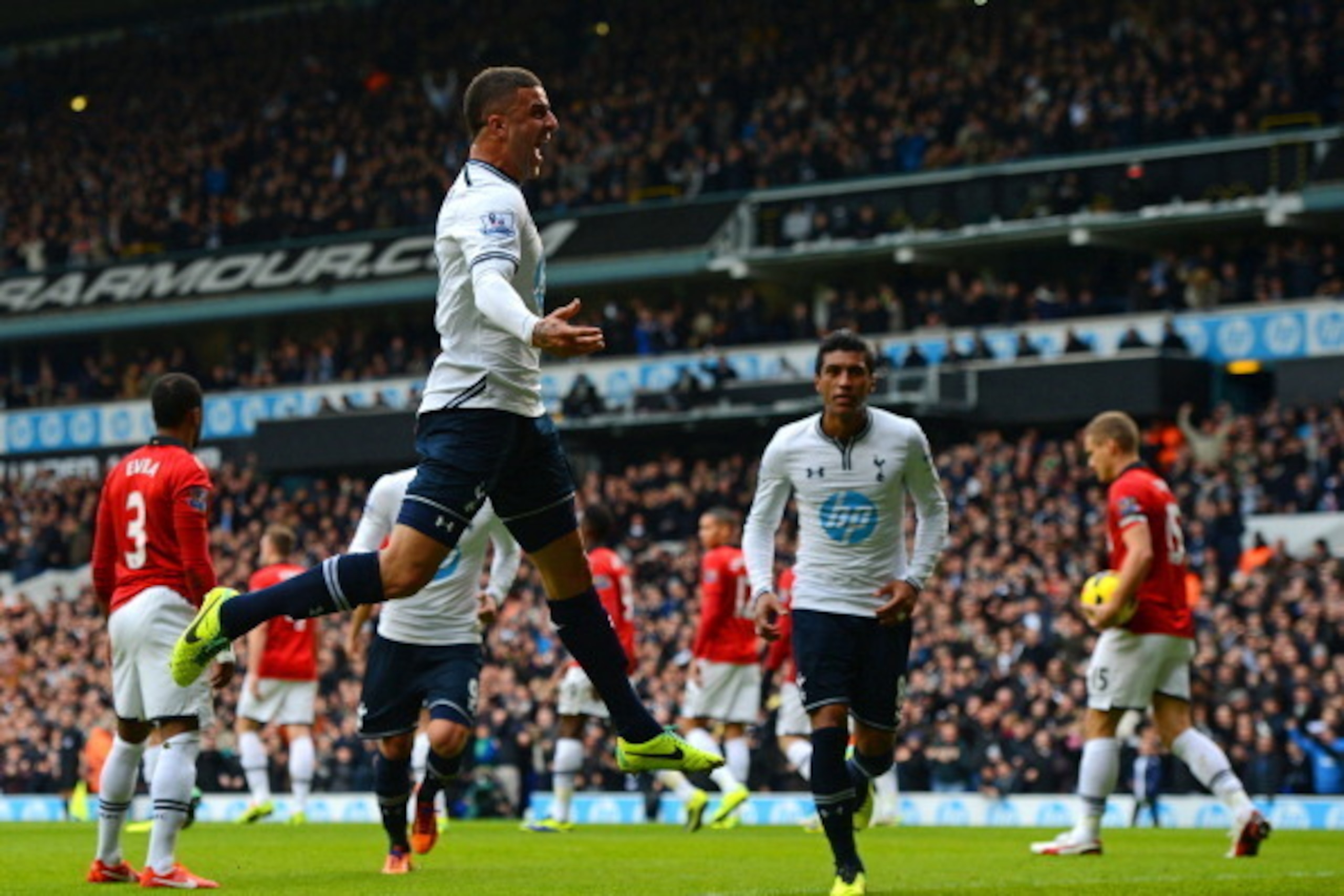LONDON, ENGLAND - DECEMBER 01:  Kyle Walker of Tottenham Hotspur celebrates scoring the opening goal during the Barclays Premier League Match between Tottenham Hotspur and Manchester United at White Hart Lane on December 1, 2013 in London, England.  (Phot