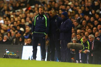 LONDON, ENGLAND - DECEMBER 29: Tim Sherwood, manager of Tottenham Hotspur smiles with forwards coach Les Ferdinand during the Barclays Premier League match between Tottenham Hotspur and Stoke City at White Hart Lane on December 29, 2013 in London, England