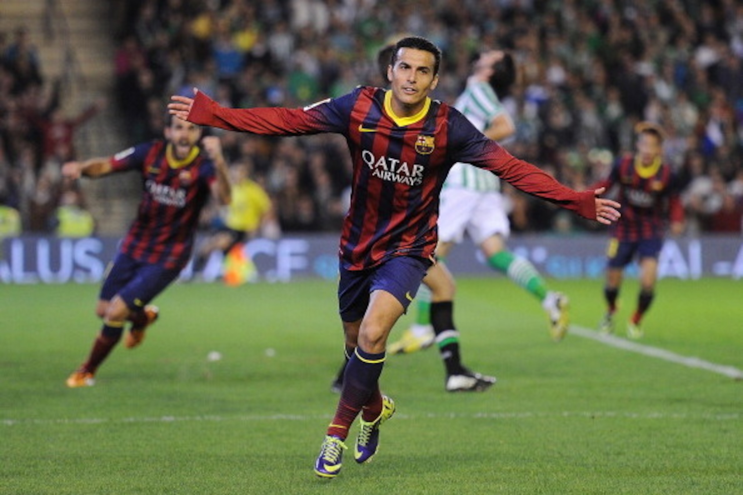 SEVILLE, SPAIN - NOVEMBER 10:  Pedro Rodriguez of FC Barcelona celebrates after scoring his team's 2nd goal during the La Liga match between Real Betis Balompie and FC Barcelona at Estadio Benito Villamarin on November 10, 2013 in Seville, Spain.  (Photo 