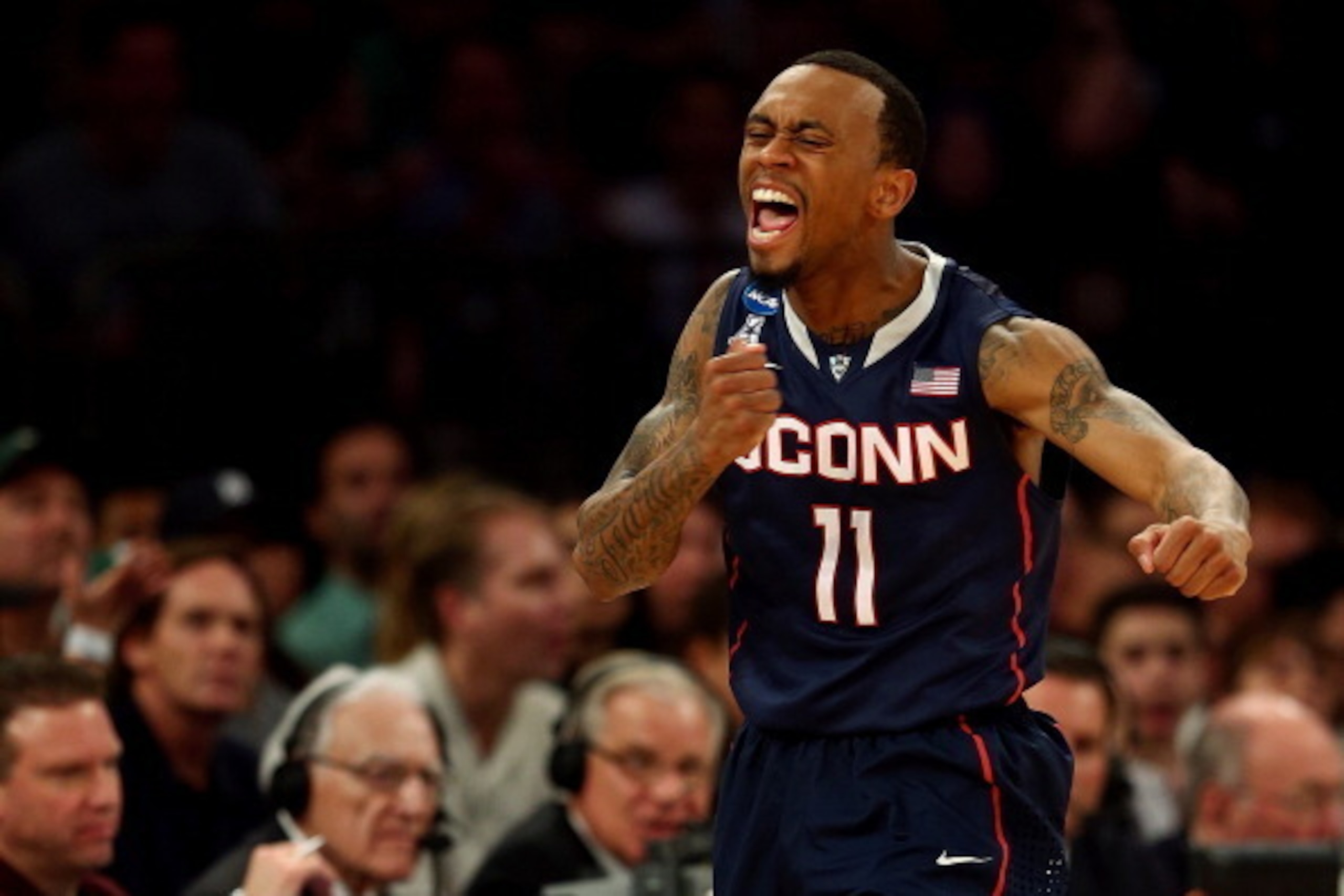 NEW YORK, NY - MARCH 30:  Ryan Boatright #11 of the Connecticut Huskies reacts after a turnover by the Michigan State Spartans in the second half of the East Regional Final of the 2014 NCAA Men's Basketball Tournament at Madison Square Garden on March 30,