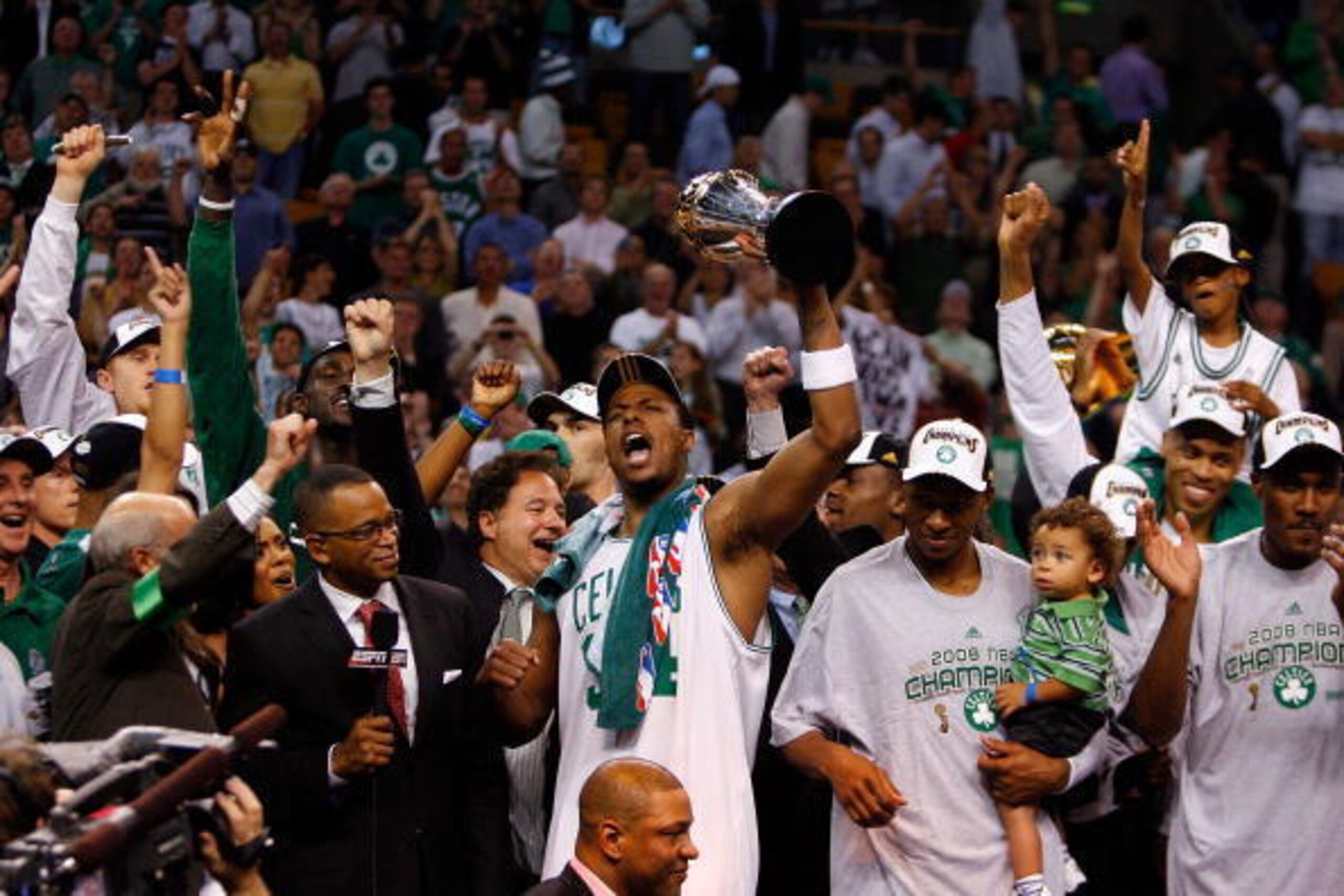 BOSTON - JUNE 17:  Paul Pierce #34 of the Boston Celtics is interviewed by Stuart Scott at the end of Game Six of the 2008 NBA Finals against the Los Angeles Lakers on June 17, 2008 at TD Banknorth Garden in Boston, Massachusetts. The Celtics defeated the
