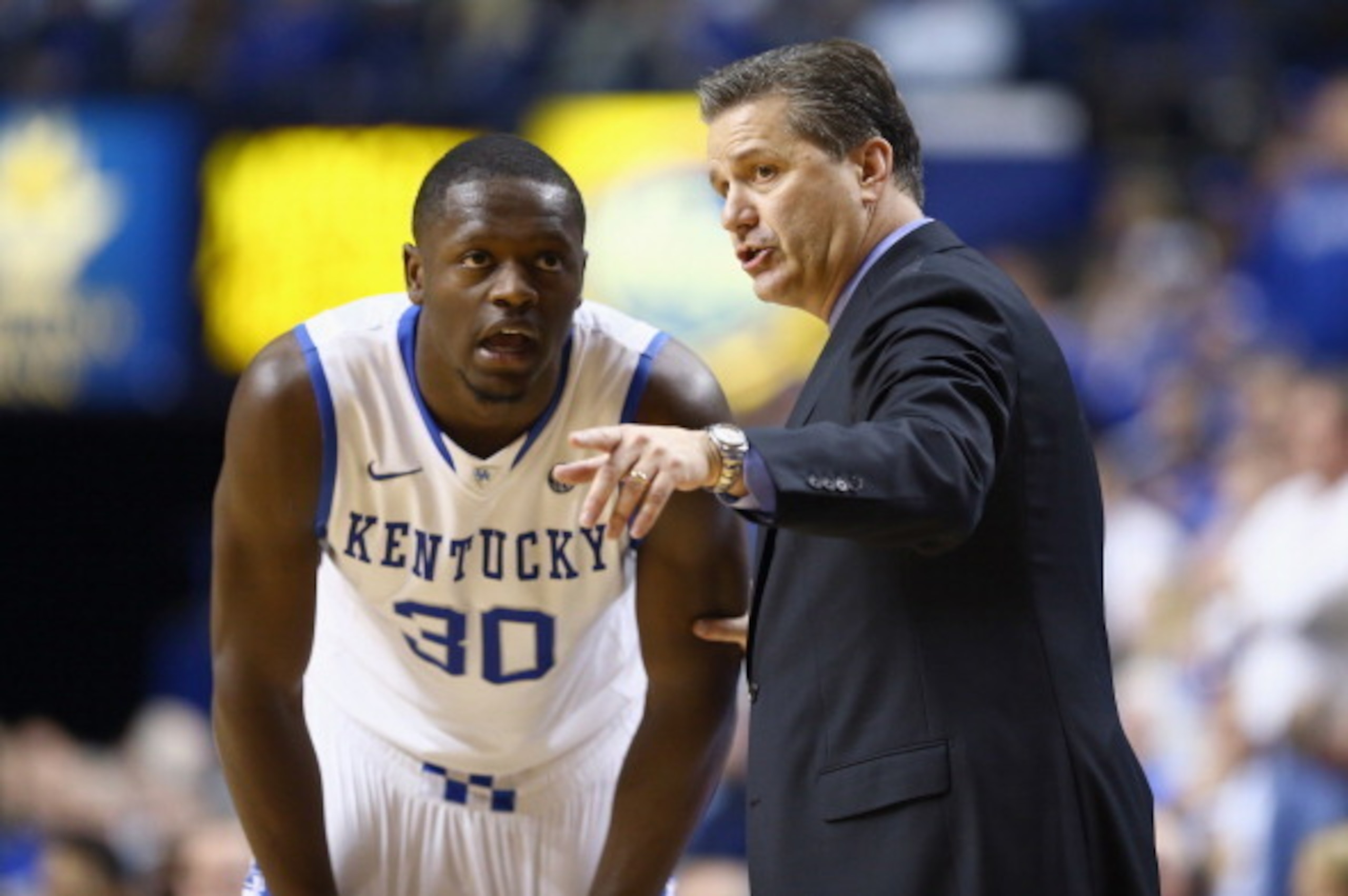 LEXINGTON, KY - FEBRUARY 04:  John Calipari the head coach of the Kentucky Wildcats gives instructions to Julius Randle #30 during the game against the Ole Miss Rebels at Rupp Arena on February 4, 2014 in Lexington, Kentucky.  (Photo by Andy Lyons/Getty I