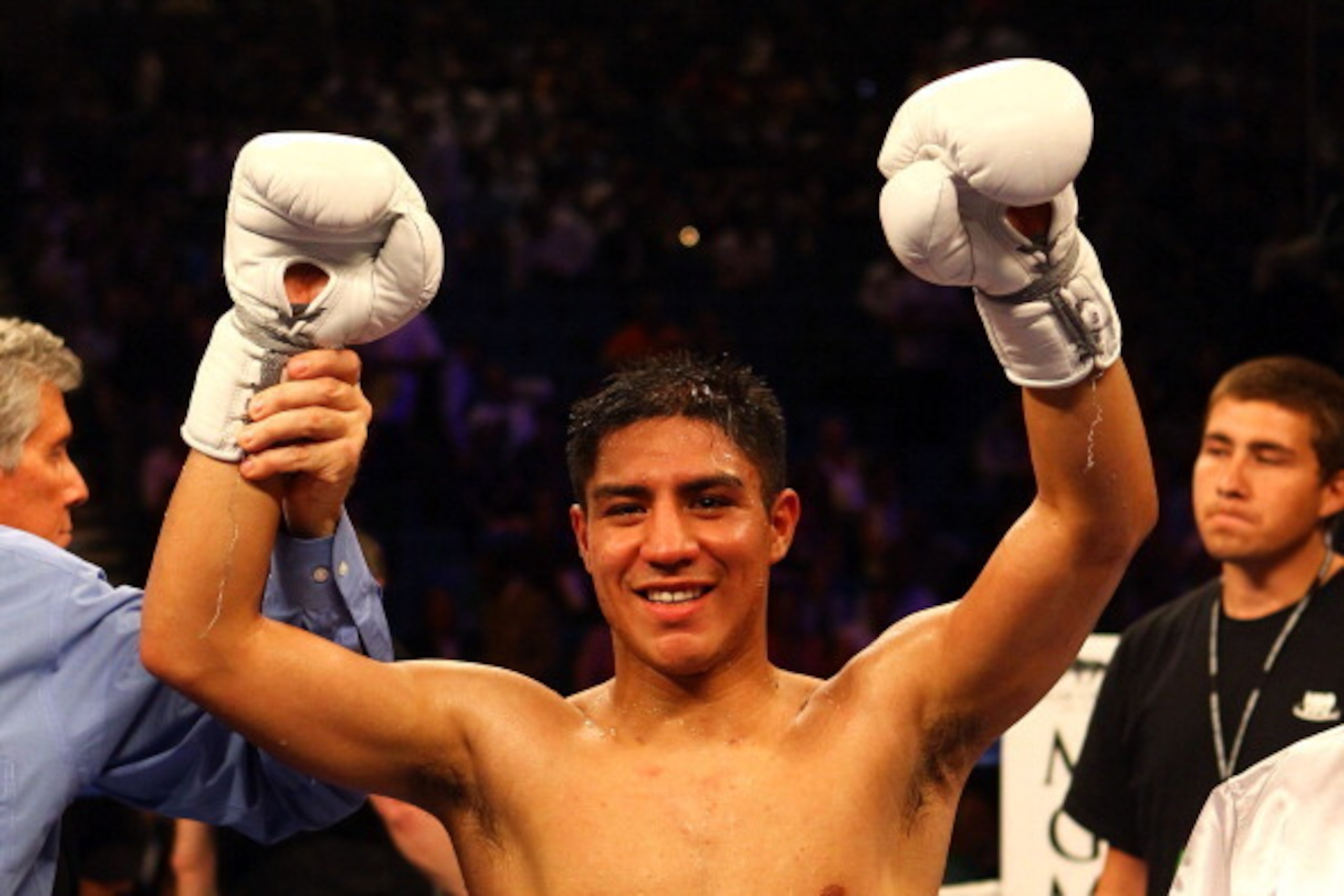 LAS VEGAS, NV - MAY 05:  Jessie Vargas celebrates his unanimous decision victory against Steve Forbes during their welterweight fight at the MGM Grand Garden Arena on May 5, 2012 in Las Vegas, Nevada.  (Photo by Al Bello/Getty Images)