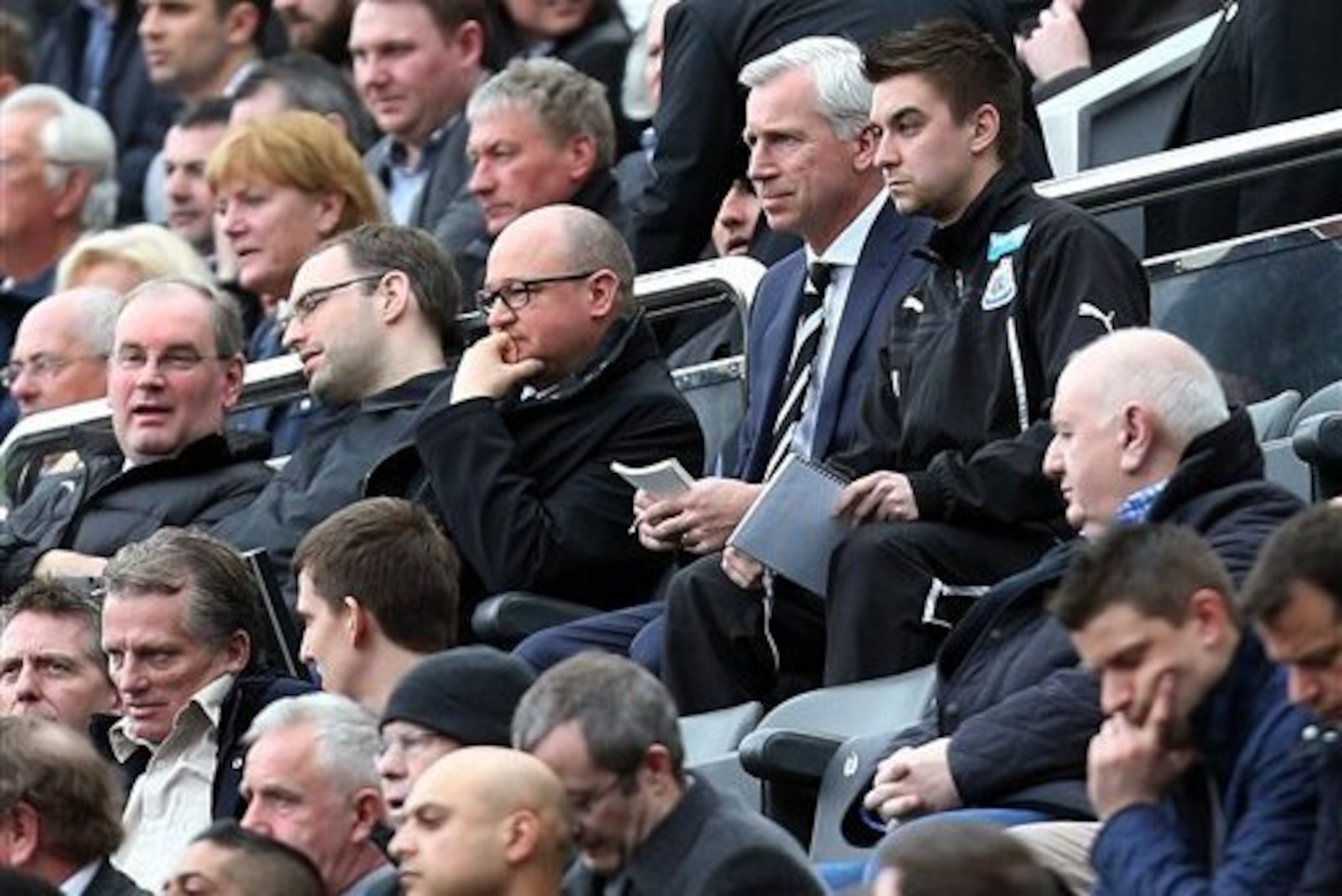 Pardew was in the stands serving out his touchline ban.