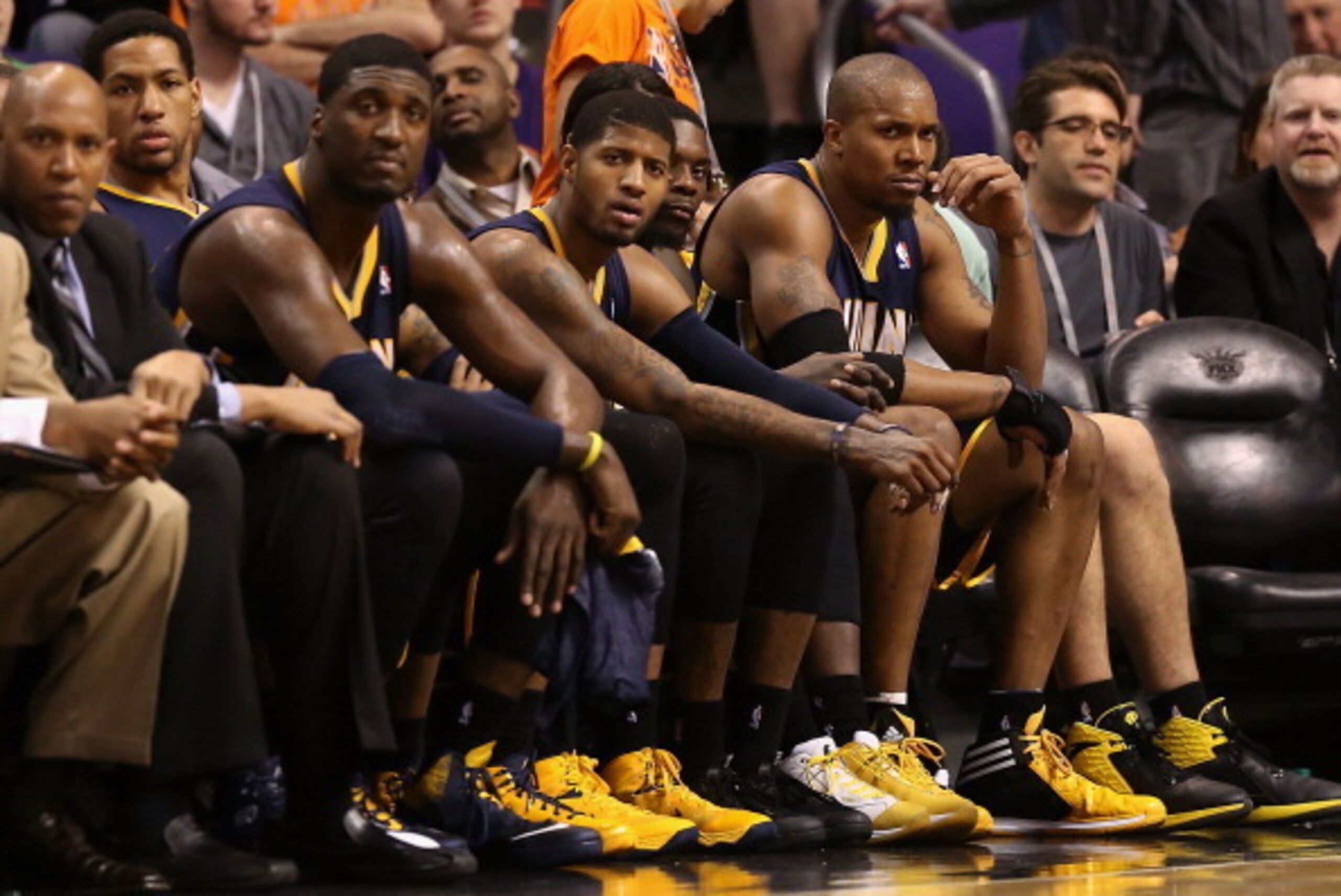 PHOENIX, AZ - JANUARY 22: (R-L) David West #21, Lance Stephenson #1, Paul George #24 and Roy Hibbert #55 of the Indiana Pacers react on the bench during the second half of the NBA game against the Phoenix Suns at US Airways Center on January 22, 2014 in PHOENIX, AZ - JANUARY 22: (R-L) David West #21, Lance Stephenson #1, Paul George #24 and Roy Hibbert #55 of the Indiana Pacers react on the bench during the second half of the NBA game against the Phoenix Suns at US Airways Center on January 22, 2014 in