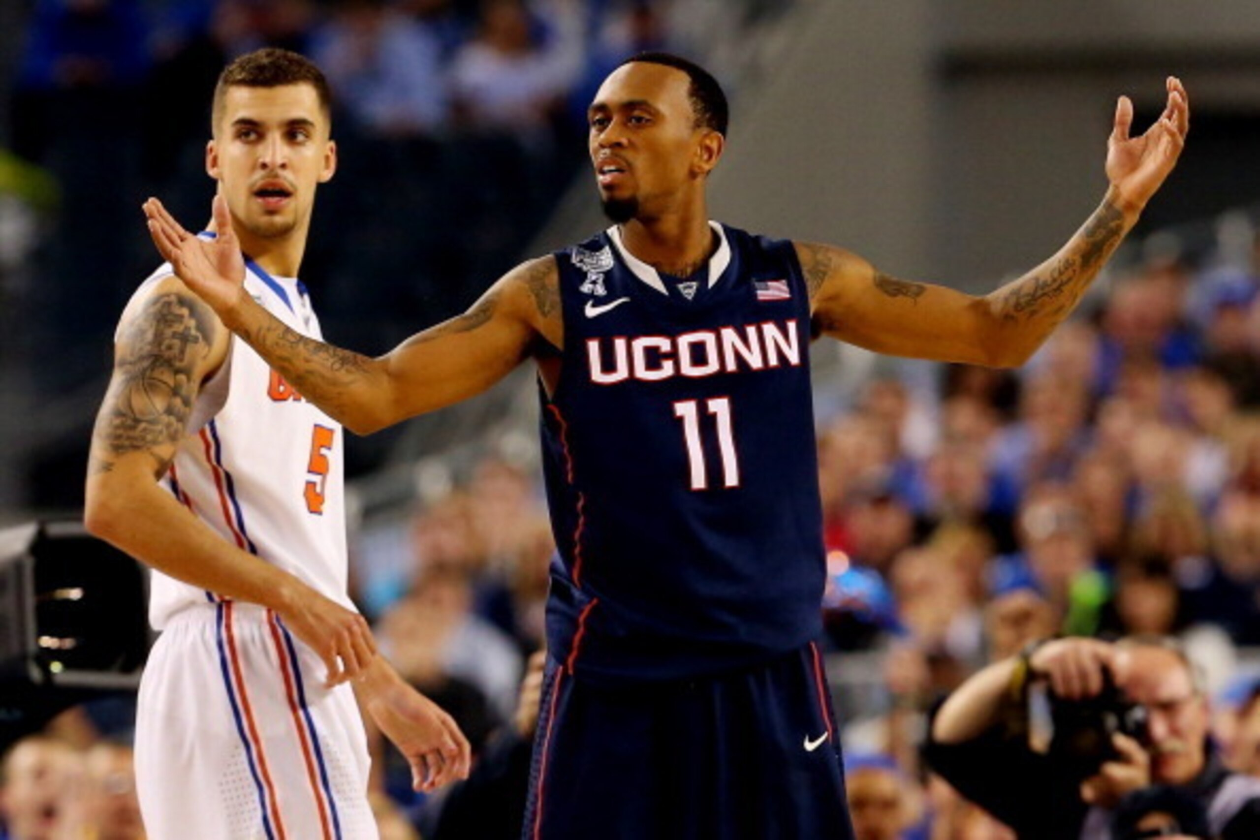 ARLINGTON, TX - APRIL 05:  Ryan Boatright #11 of the Connecticut Huskies reacts during the NCAA Men's Final Four Semifinal against the Florida Gators at AT&T Stadium on April 5, 2014 in Arlington, Texas.  (Photo by Ronald Martinez/Getty Images)