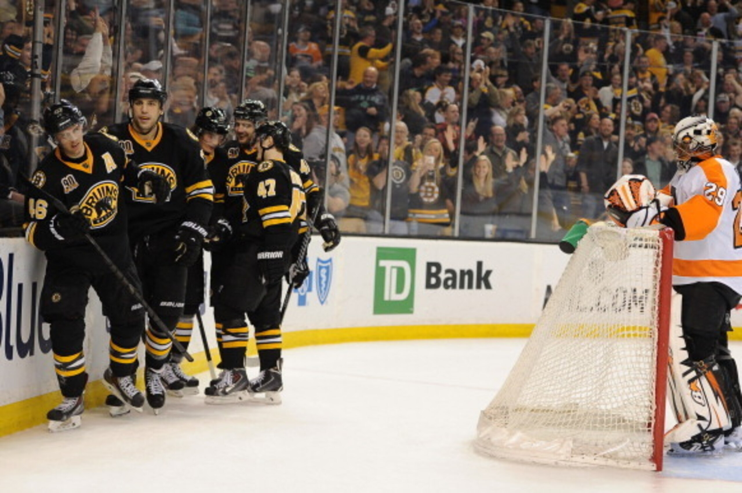 BOSTON, MA - APRIL 5: David Krejci #46 of the Boston Bruins scores a goal against the Philadelphia Flyers at the TD Garden on April 5, 2014 in Boston, Massachusetts.  (Photo by Brian Babineau/NHLI via Getty Images)